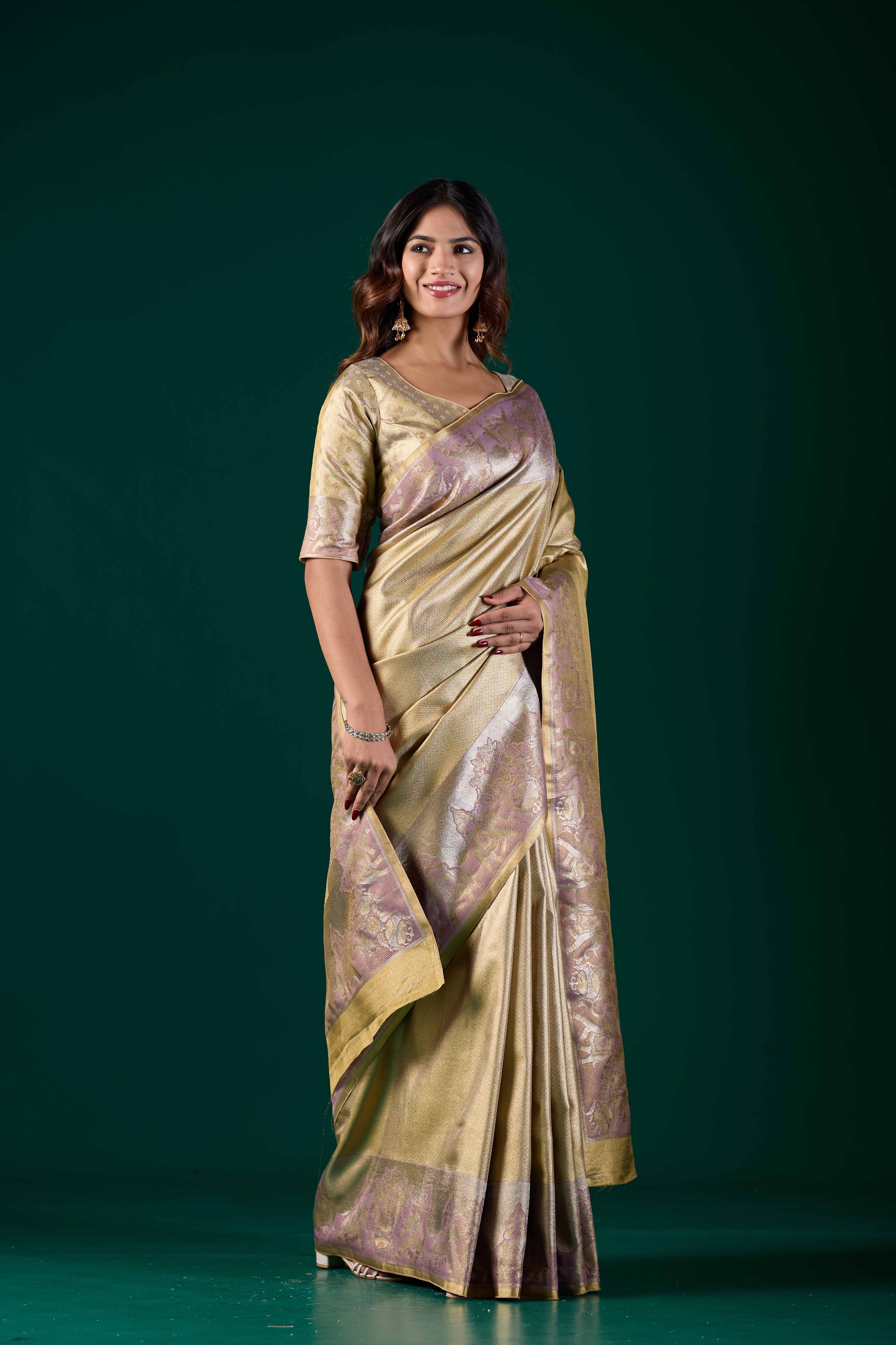 Gold-Toned Art Silk Kanjivaram Saree with Pastel Pink & Lavender Zari Border | Festive Wear