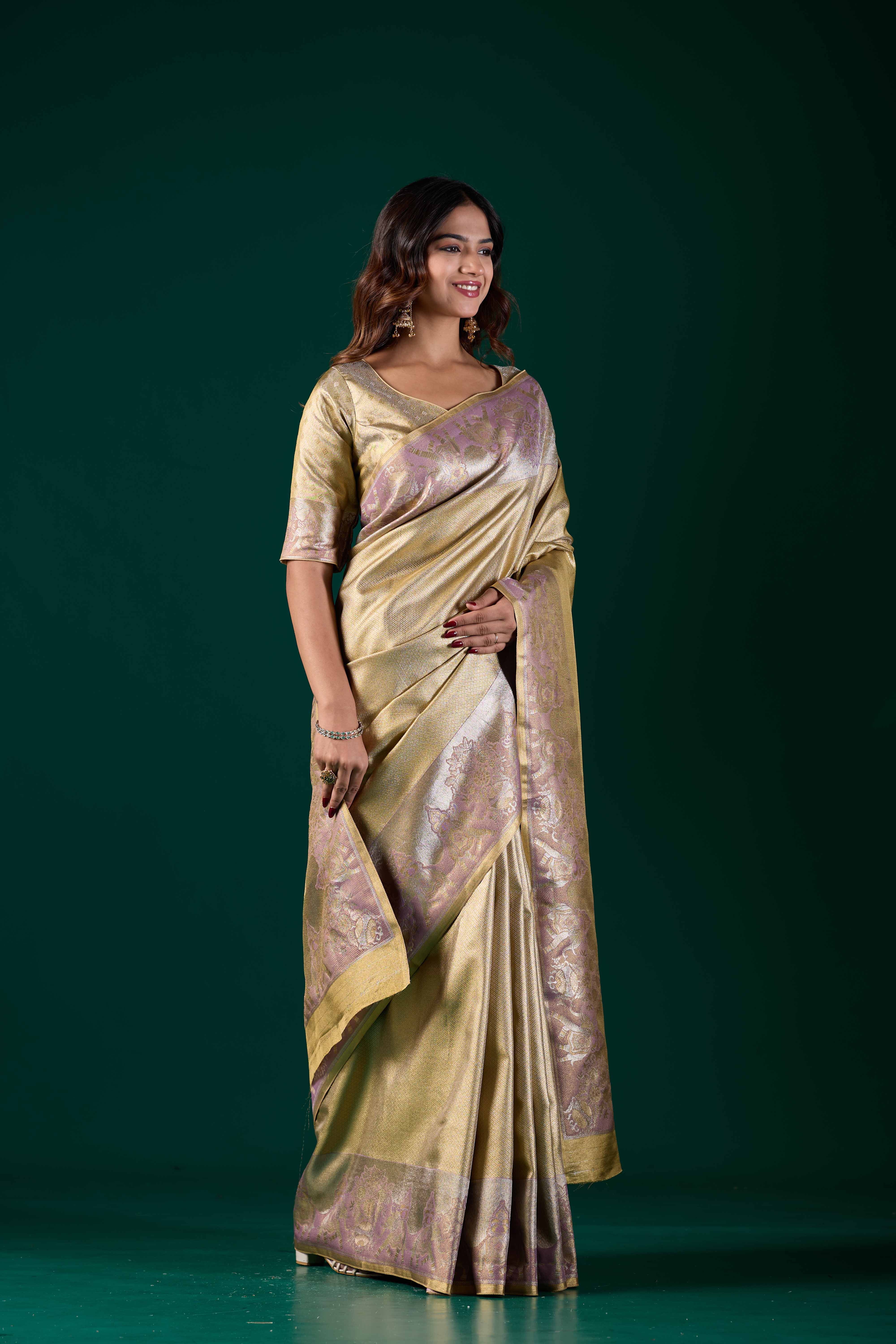 Gold-Toned Art Silk Kanjivaram Saree with Pastel Pink & Lavender Zari Border | Festive Wear