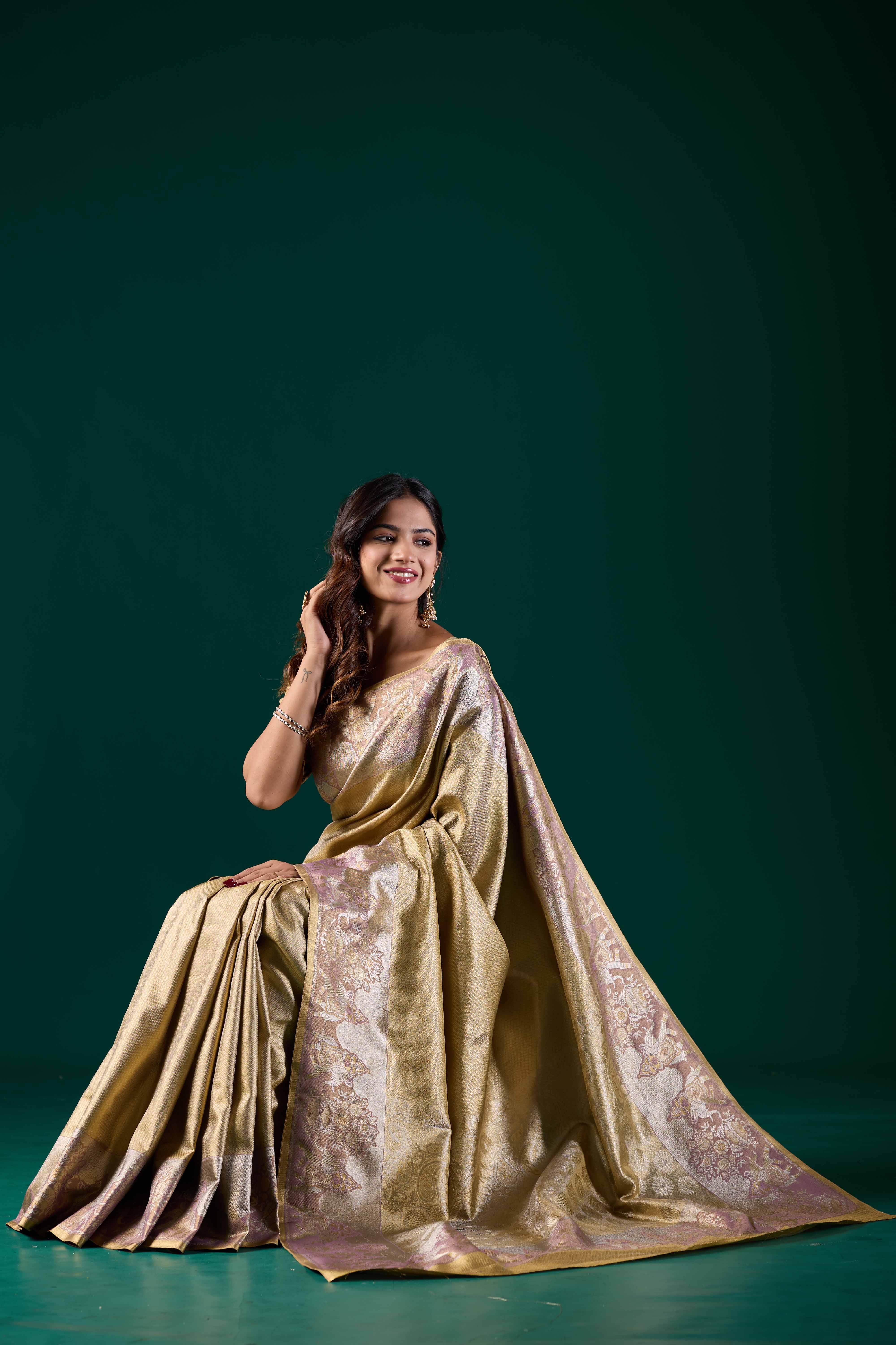 Gold-Toned Art Silk Kanjivaram Saree with Pastel Pink & Lavender Zari Border | Festive Wear