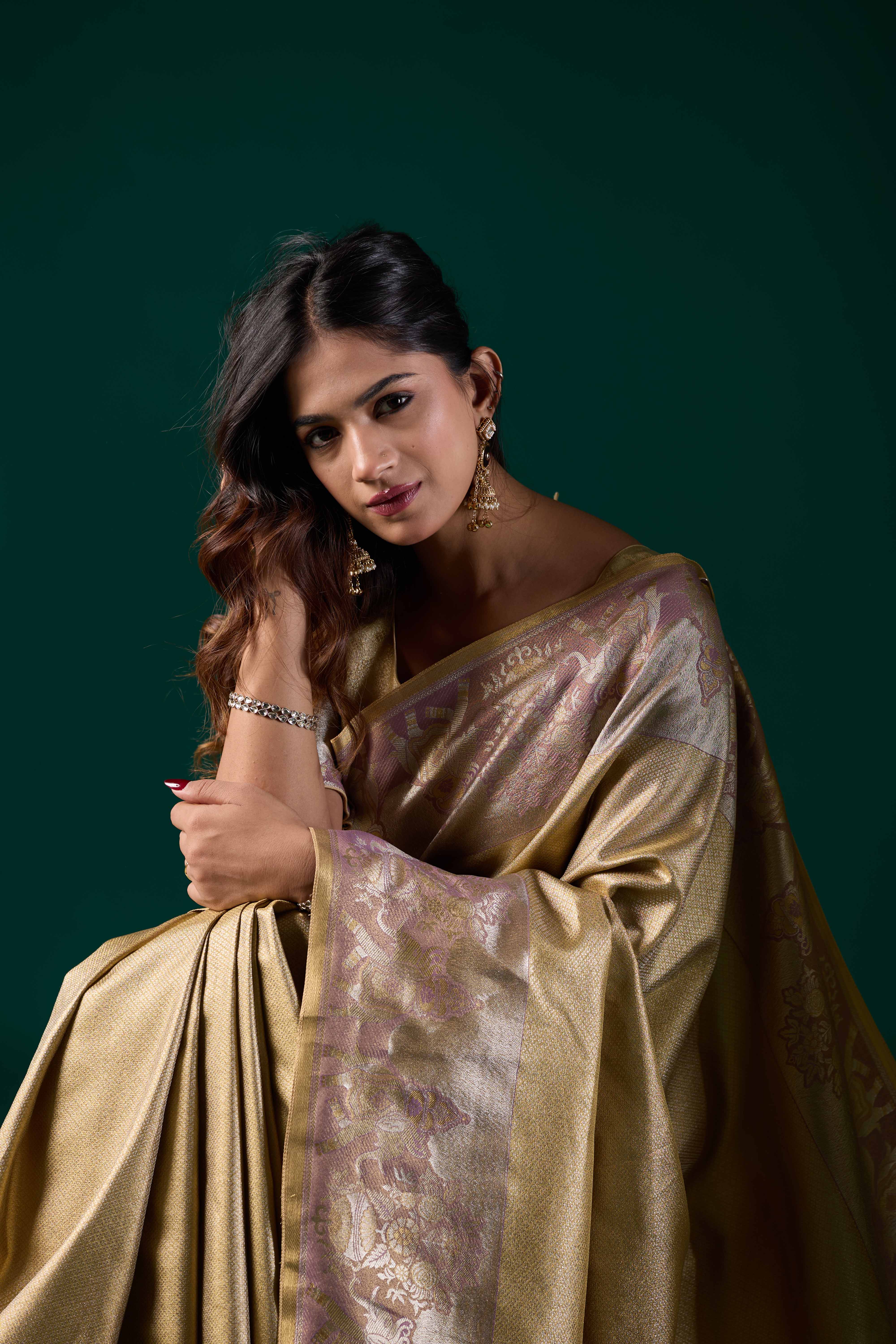 Gold-Toned Art Silk Kanjivaram Saree with Pastel Pink & Lavender Zari Border | Festive Wear