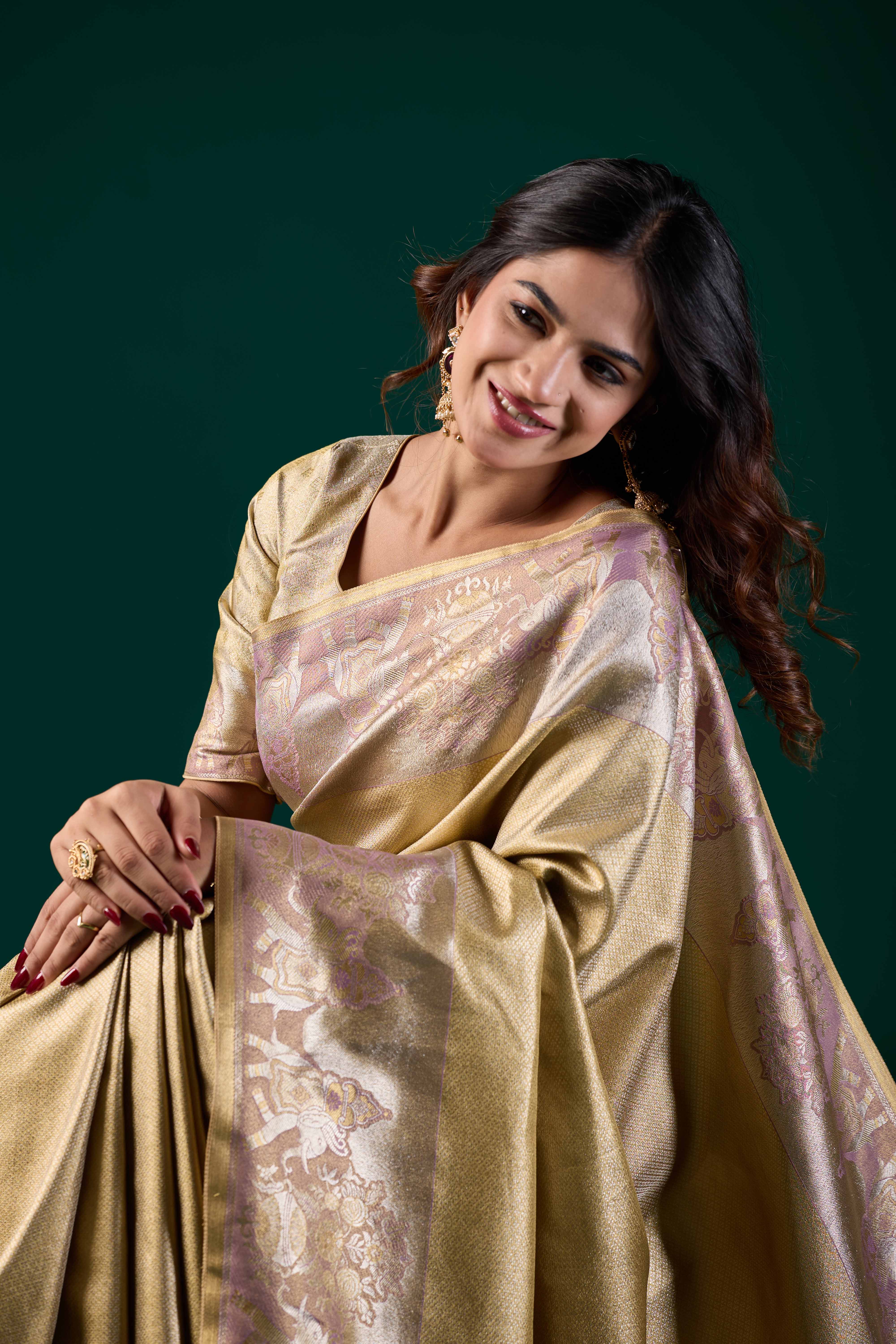 Gold-Toned Art Silk Kanjivaram Saree with Pastel Pink & Lavender Zari Border | Festive Wear