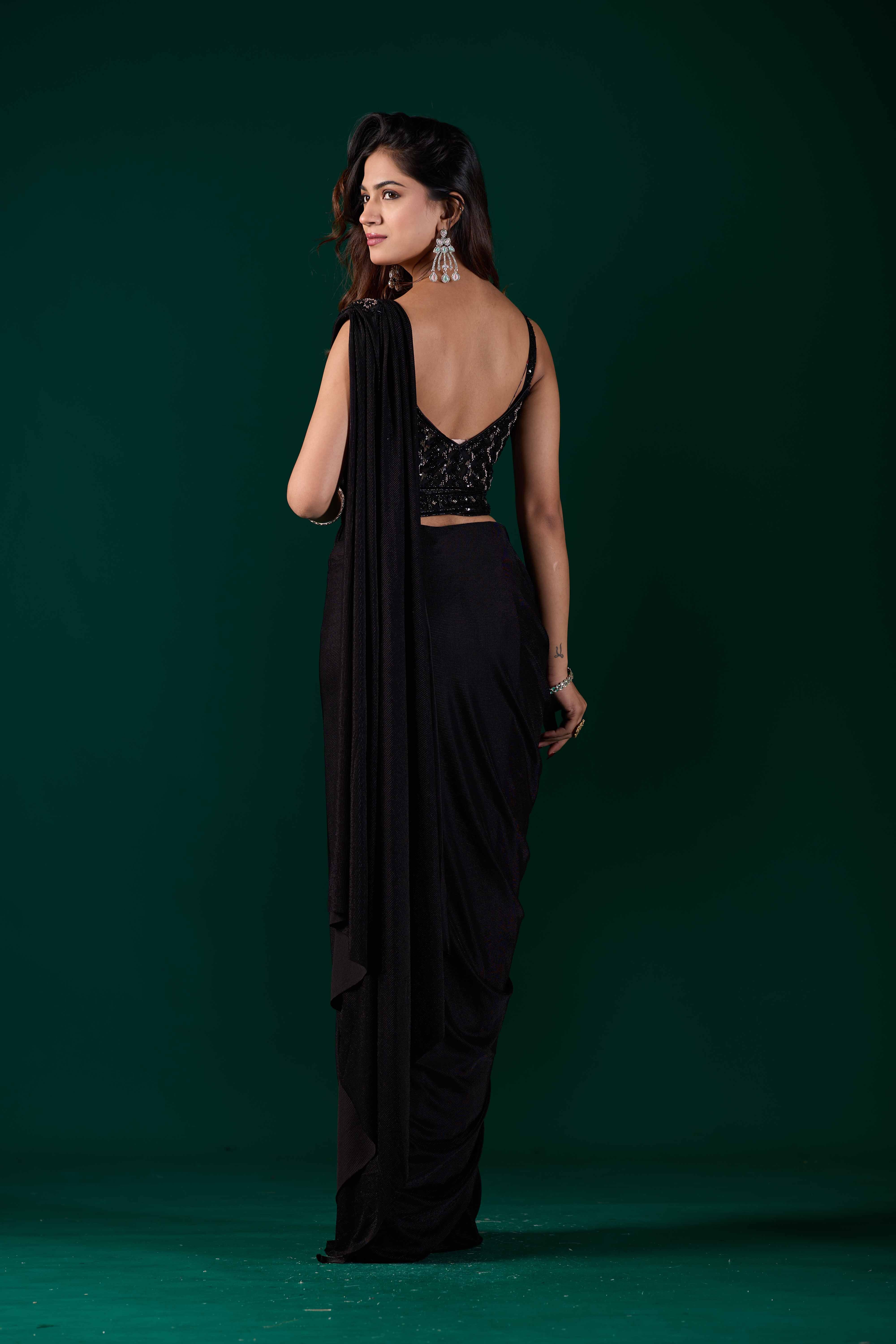 Black Lycra Ready Pleated Saree with Embroidery & Matching Blouse | Party Wear