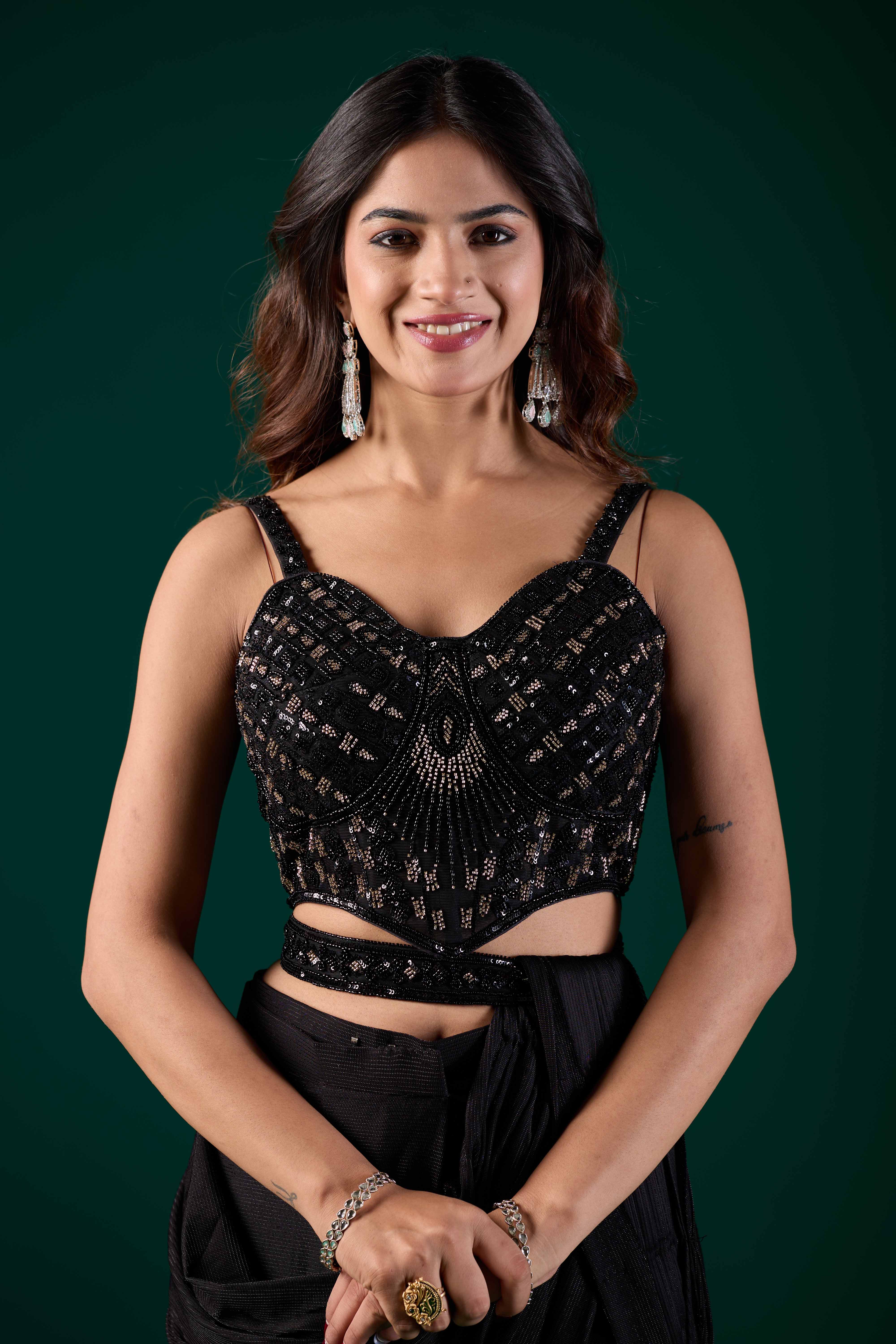 Black Lycra Ready Pleated Saree with Embroidery & Matching Blouse | Party Wear