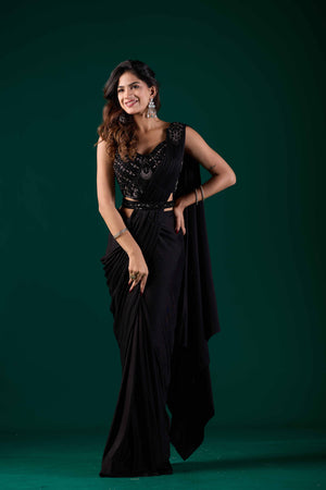 Black Lycra Ready Pleated Saree with Embroidery & Matching Blouse | Party Wear