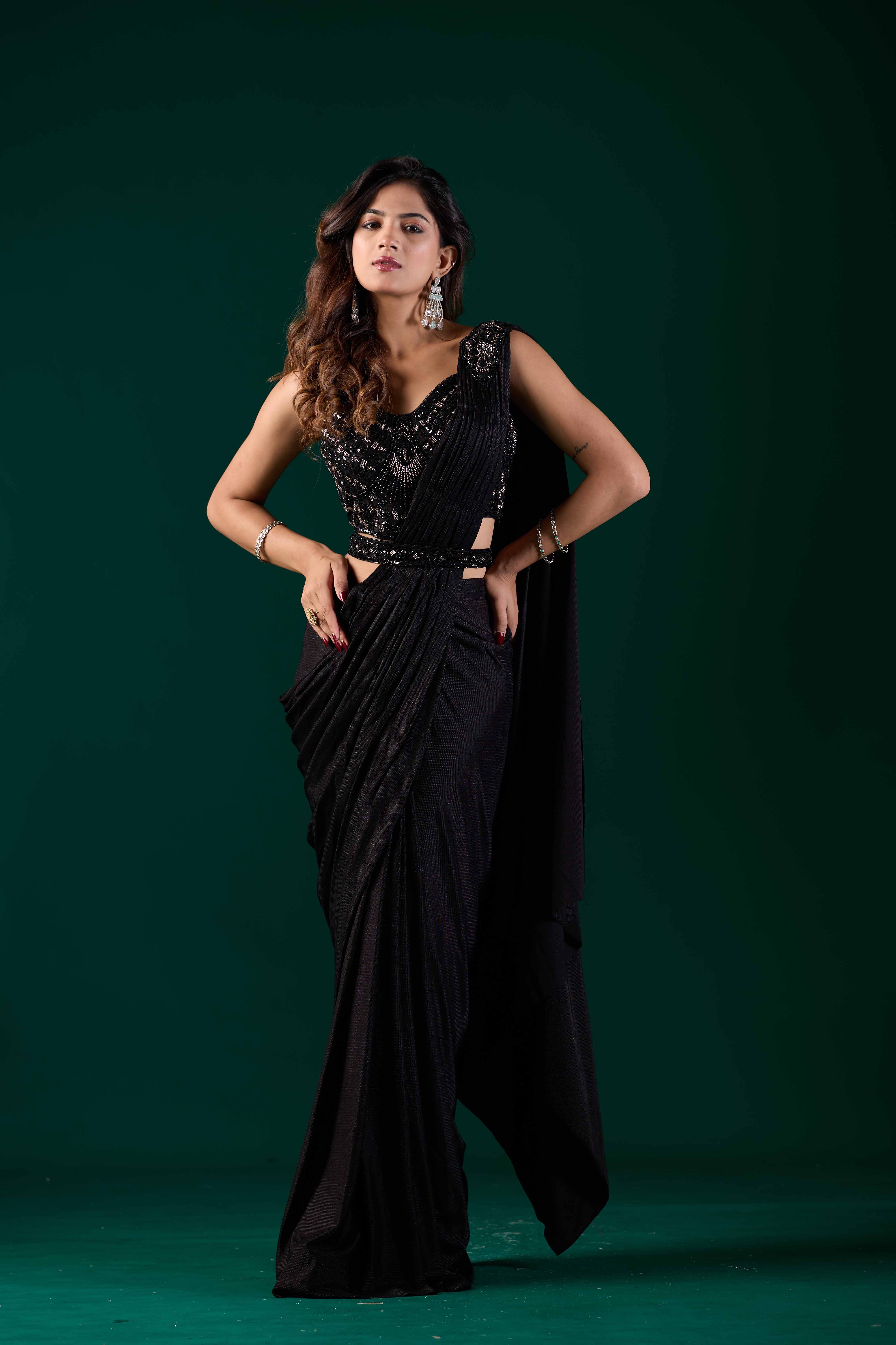Black Lycra Ready Pleated Saree with Embroidery & Matching Blouse | Party Wear