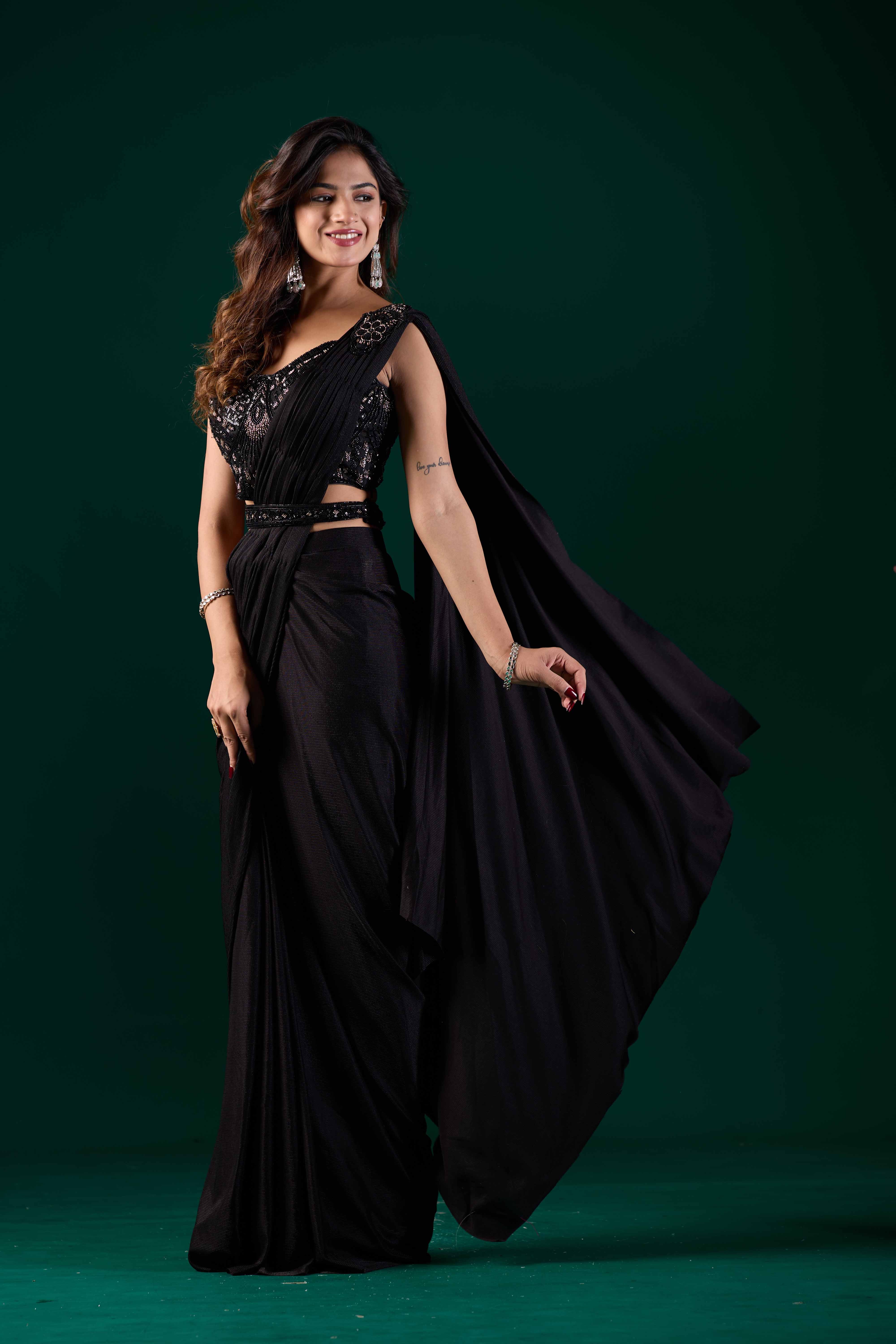 Black Lycra Ready Pleated Saree with Embroidery & Matching Blouse | Party Wear