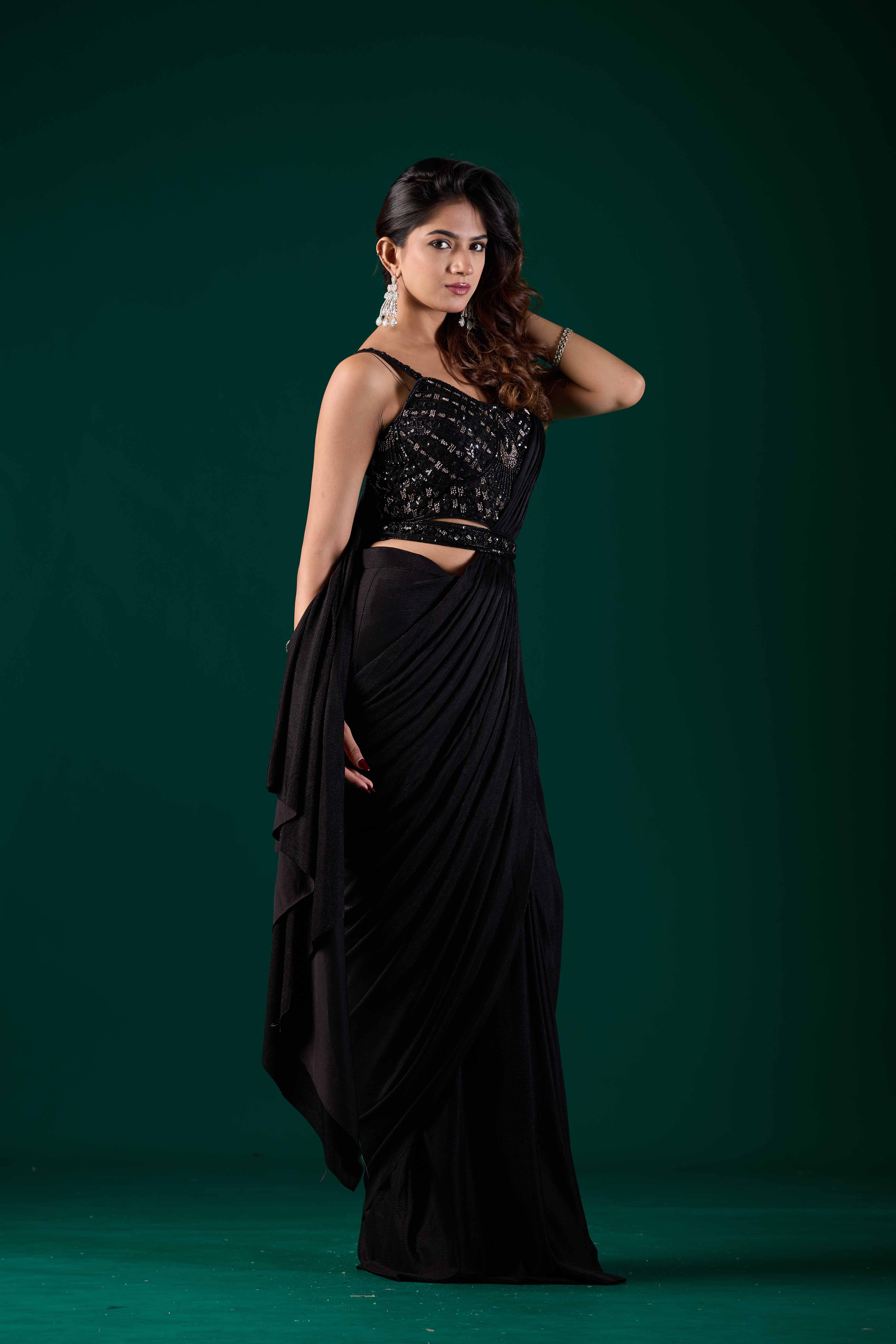 Black Lycra Ready Pleated Saree with Embroidery & Matching Blouse | Party Wear