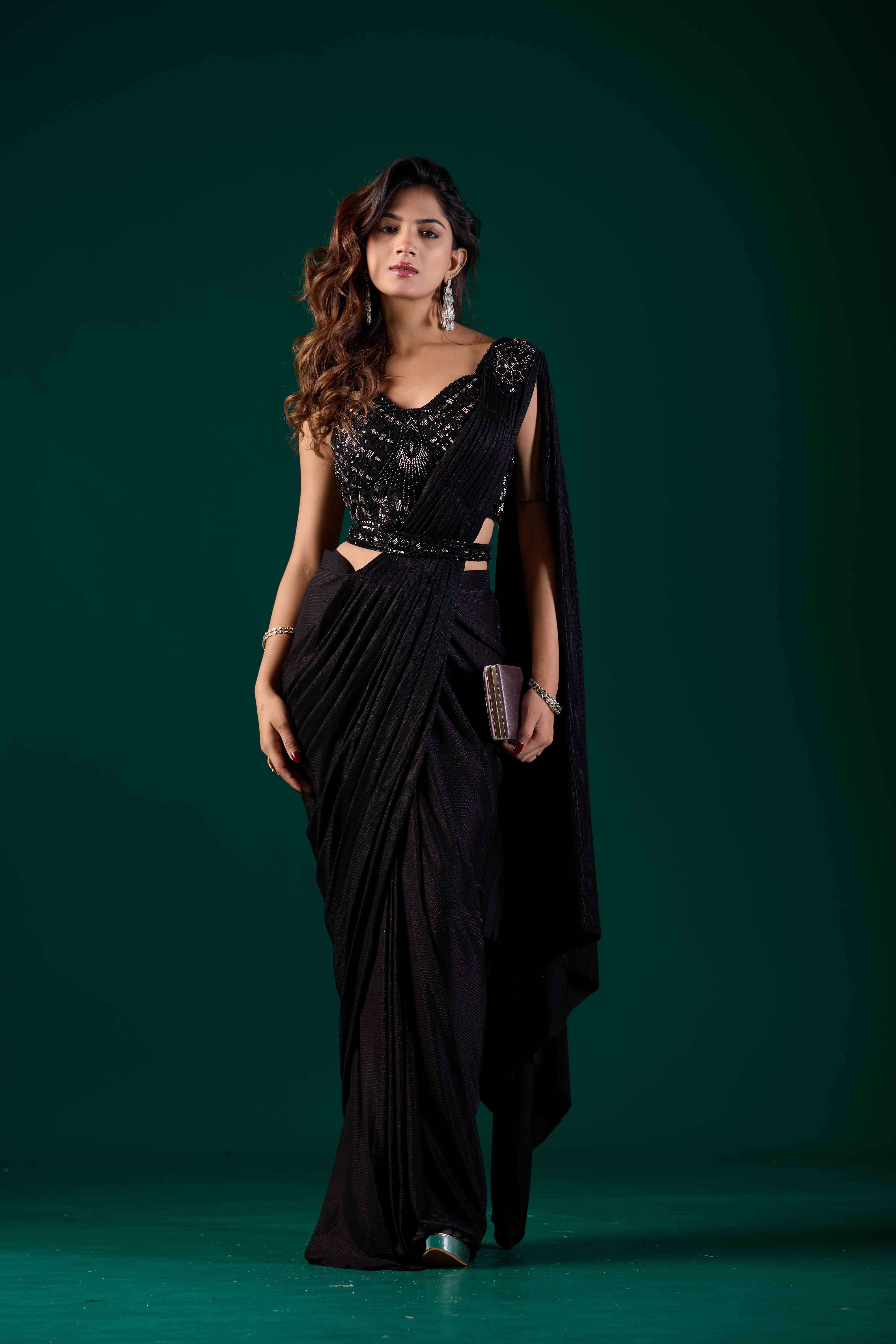 Black Lycra Ready Pleated Saree with Embroidery & Matching Blouse | Party Wear