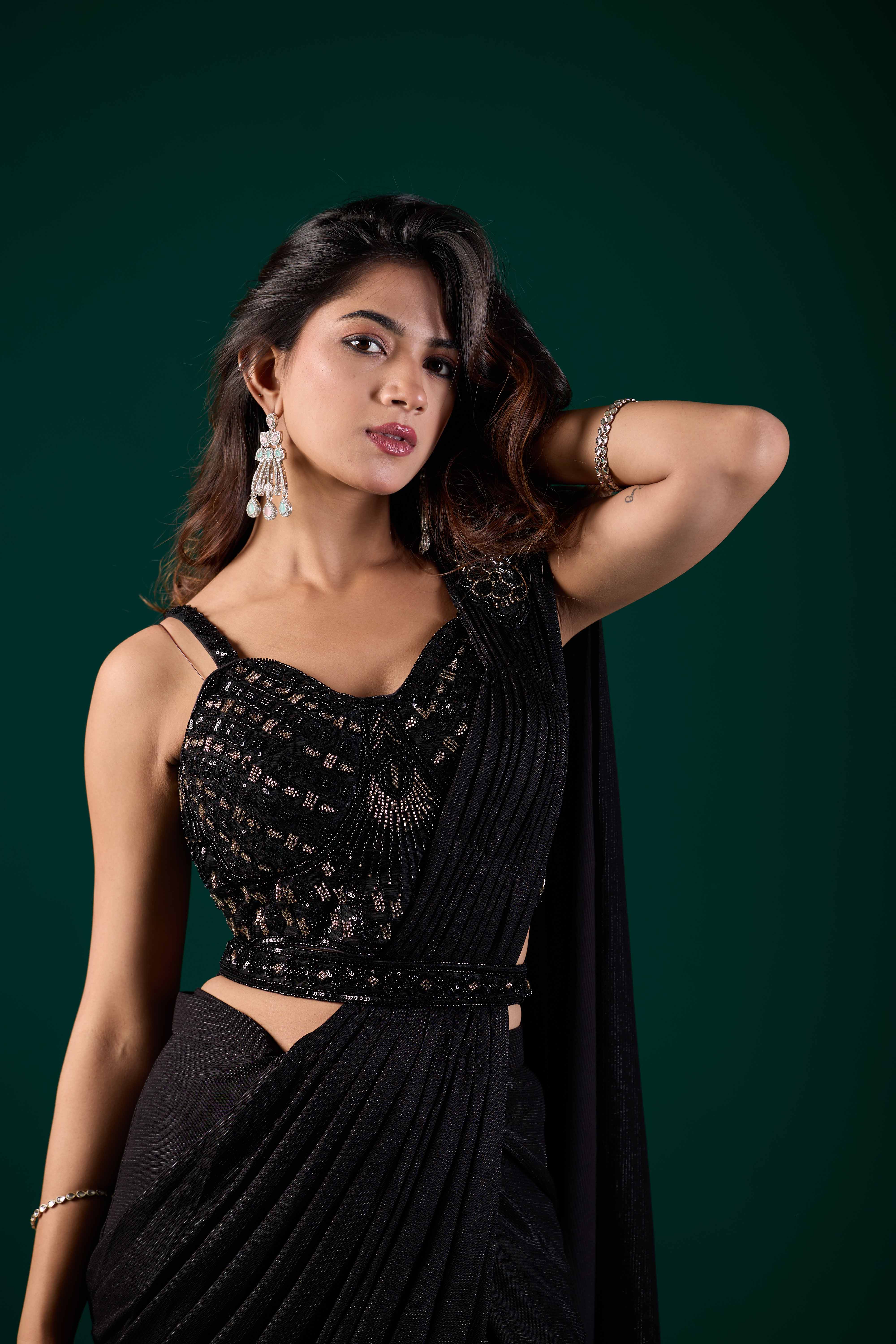 Black Lycra Ready Pleated Saree with Embroidery & Matching Blouse | Party Wear