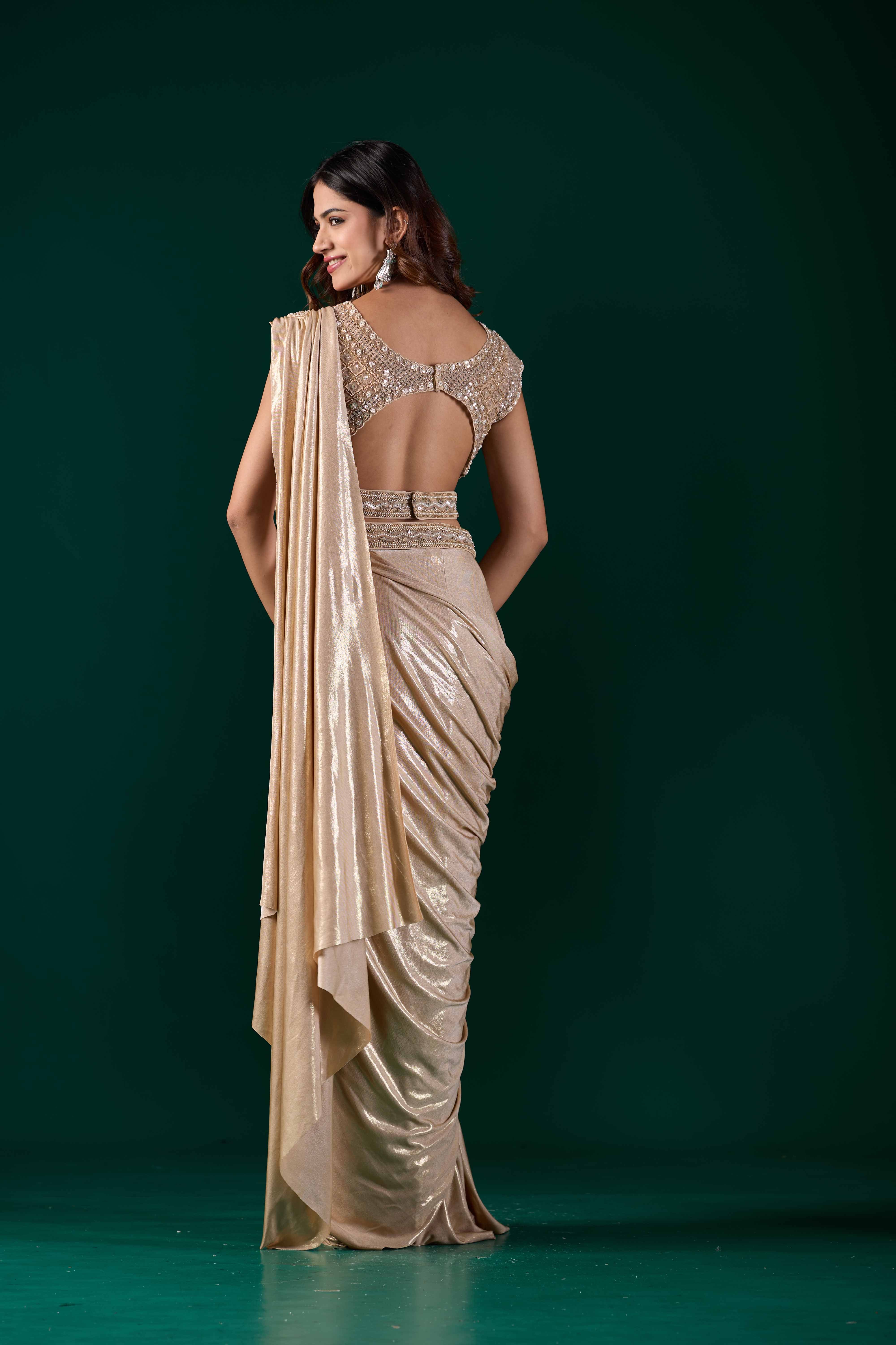Beige Gold Ready-to-Wear Saree with Embellished Blouse | Pre-Draped Party Wear
