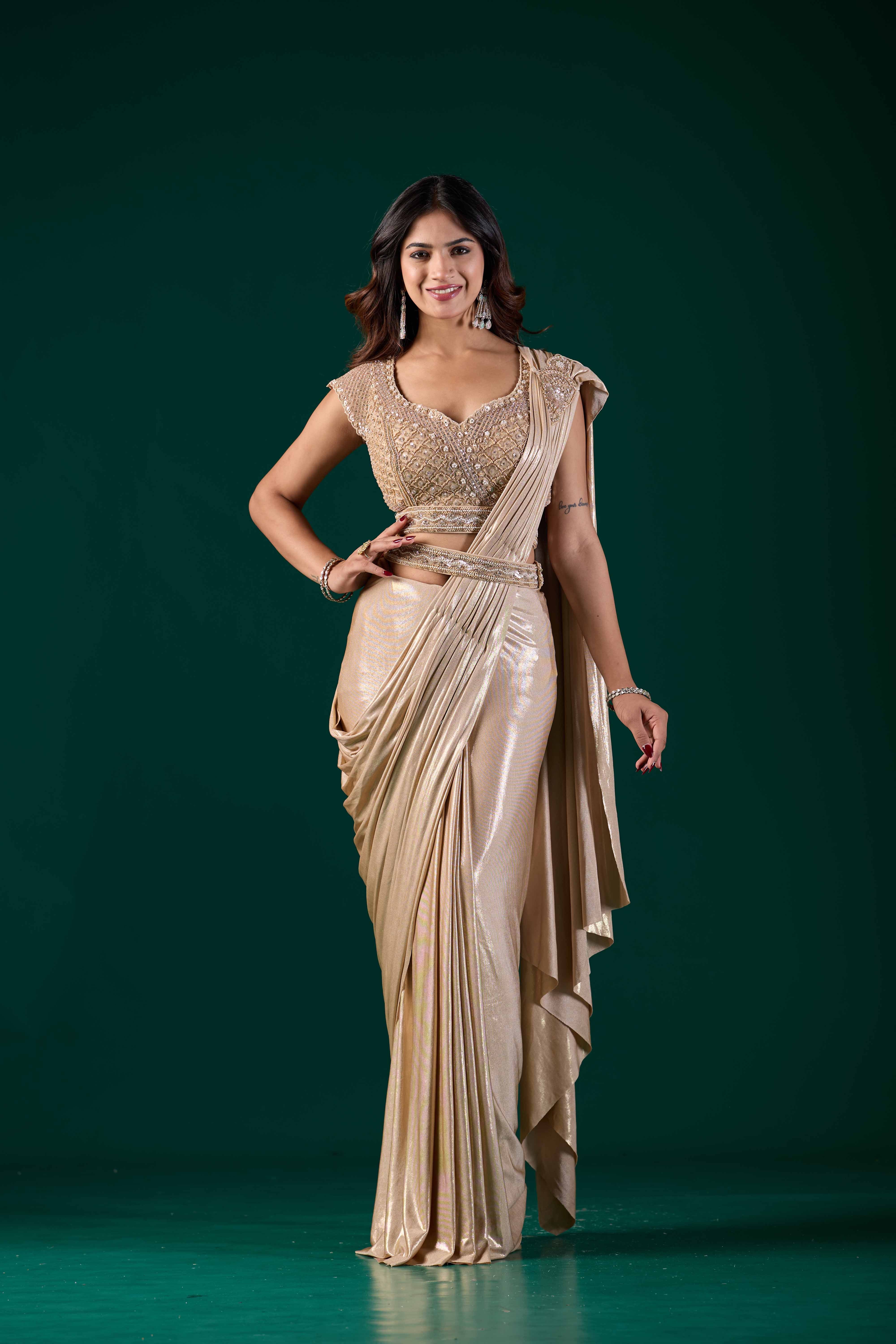 Beige Gold Ready-to-Wear Saree with Embellished Blouse | Pre-Draped Party Wear