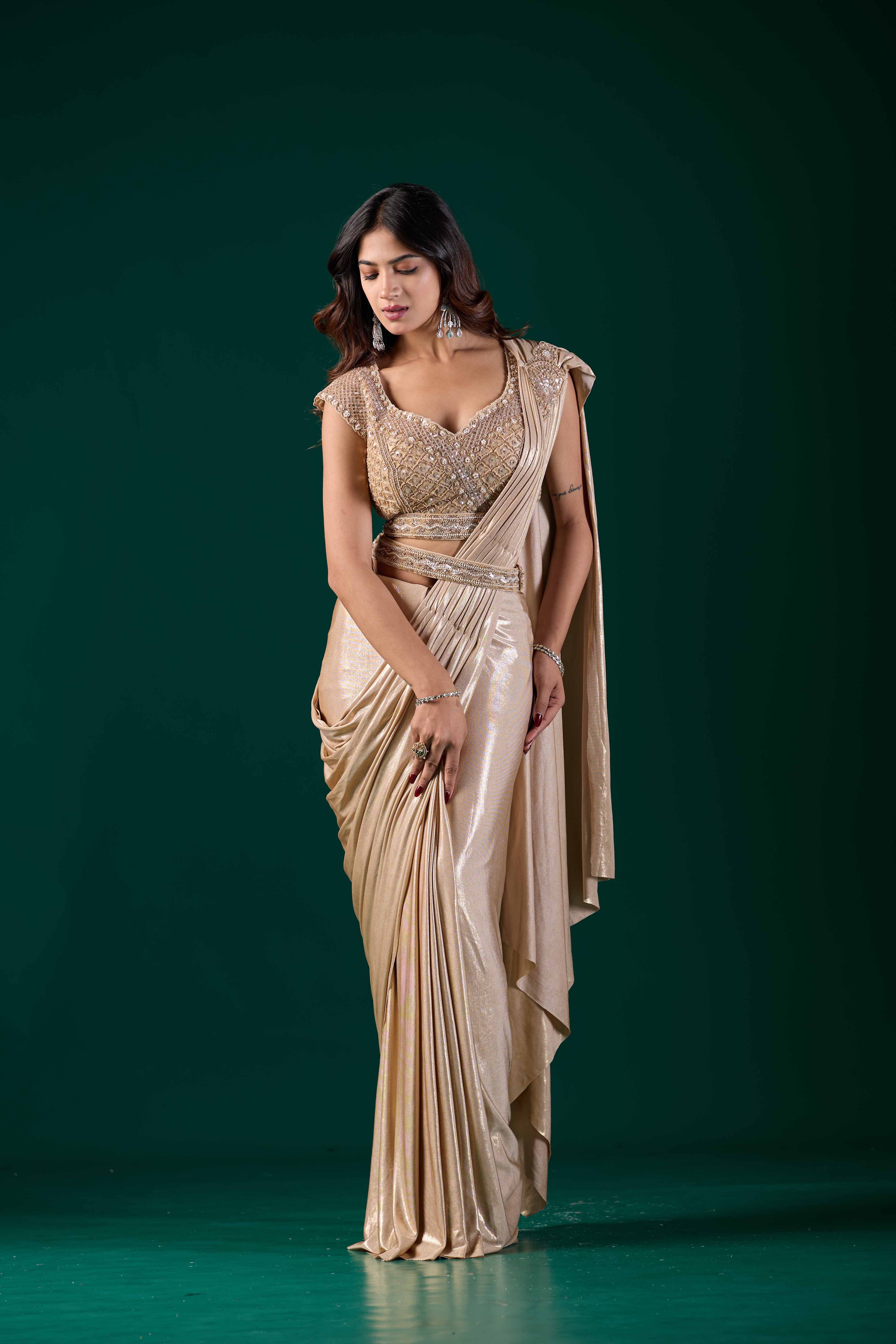 Beige Gold Ready-to-Wear Saree with Embellished Blouse | Pre-Draped Party Wear