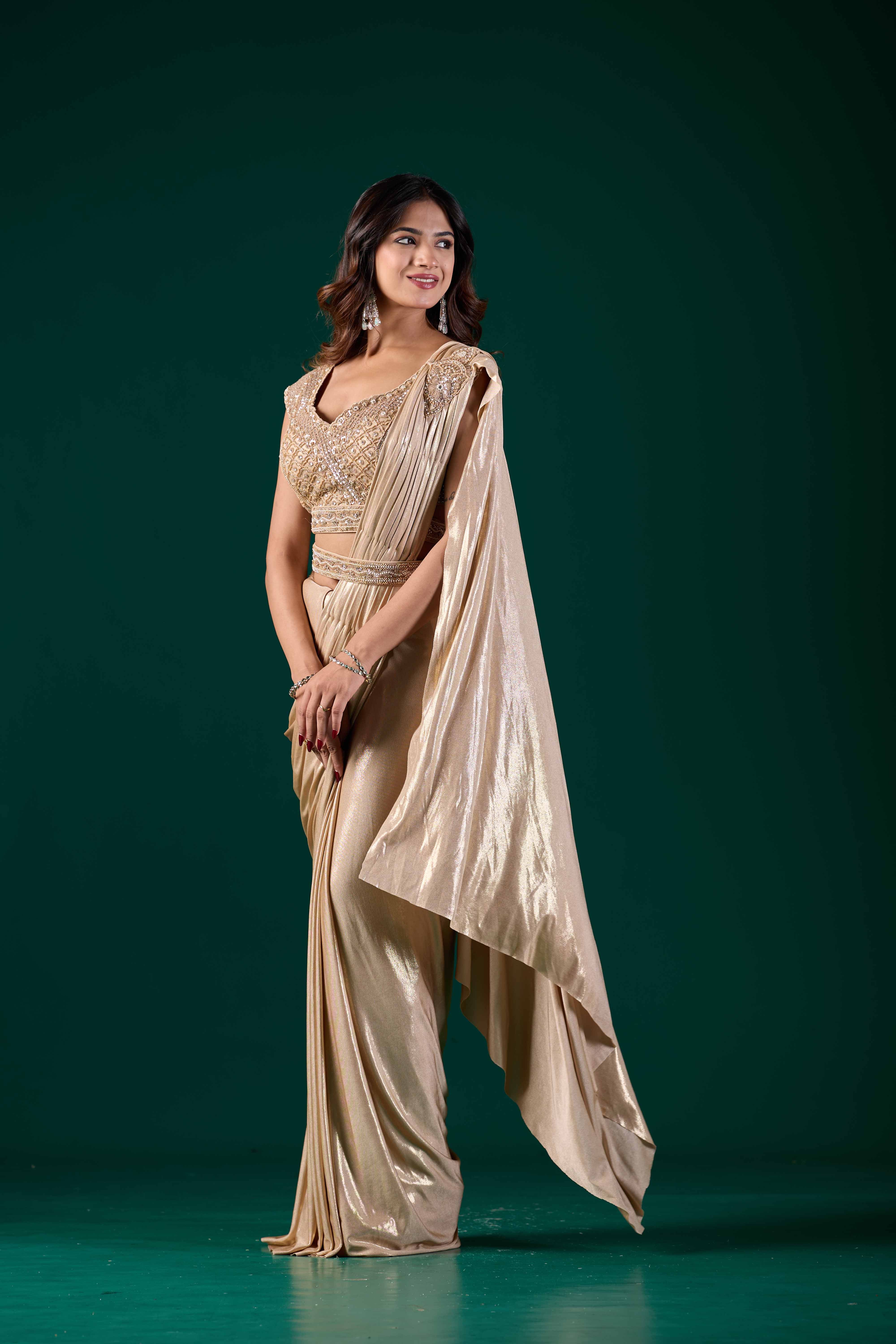Beige Gold Ready-to-Wear Saree with Embellished Blouse | Pre-Draped Party Wear