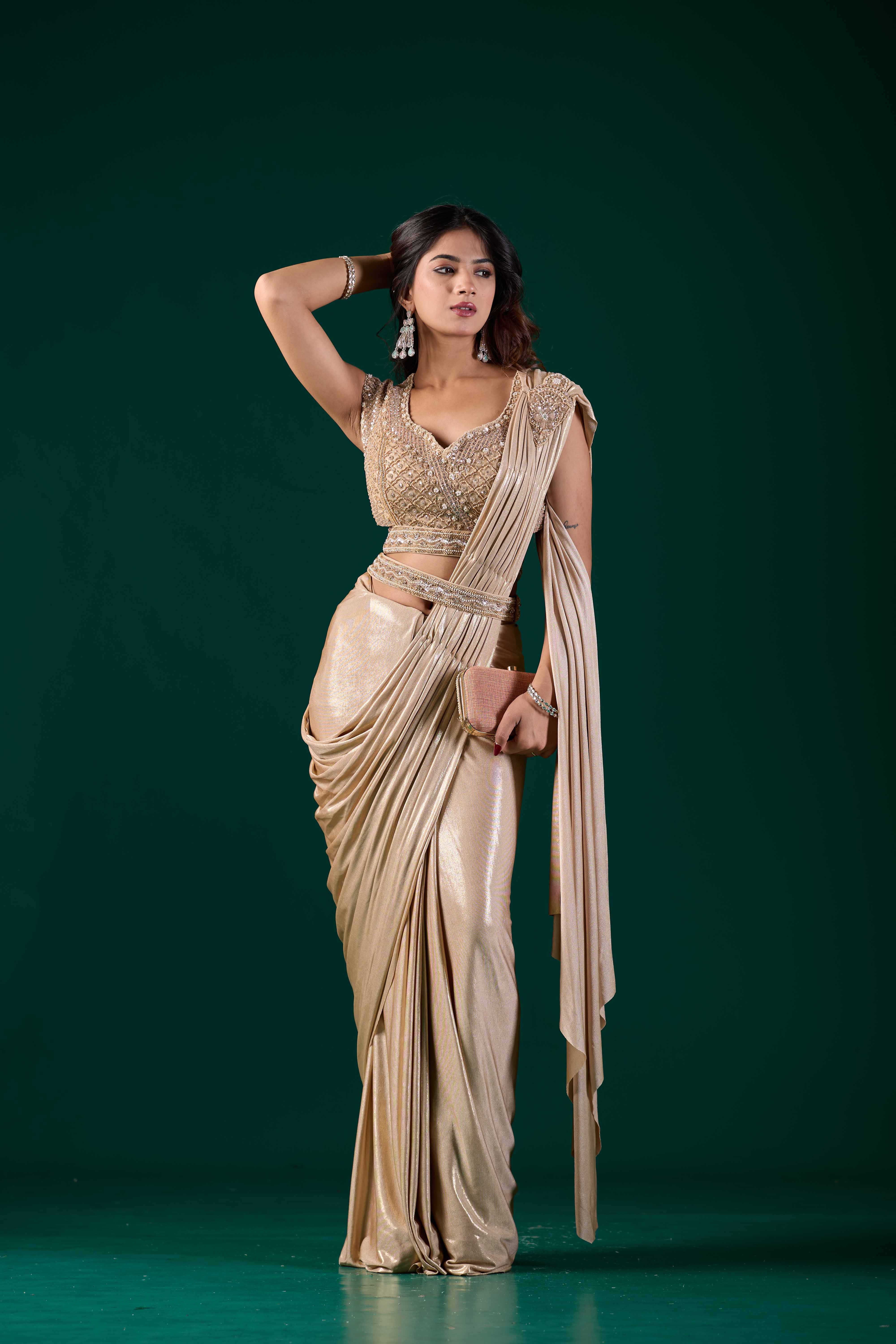 Beige Gold Ready-to-Wear Saree with Embellished Blouse | Pre-Draped Party Wear