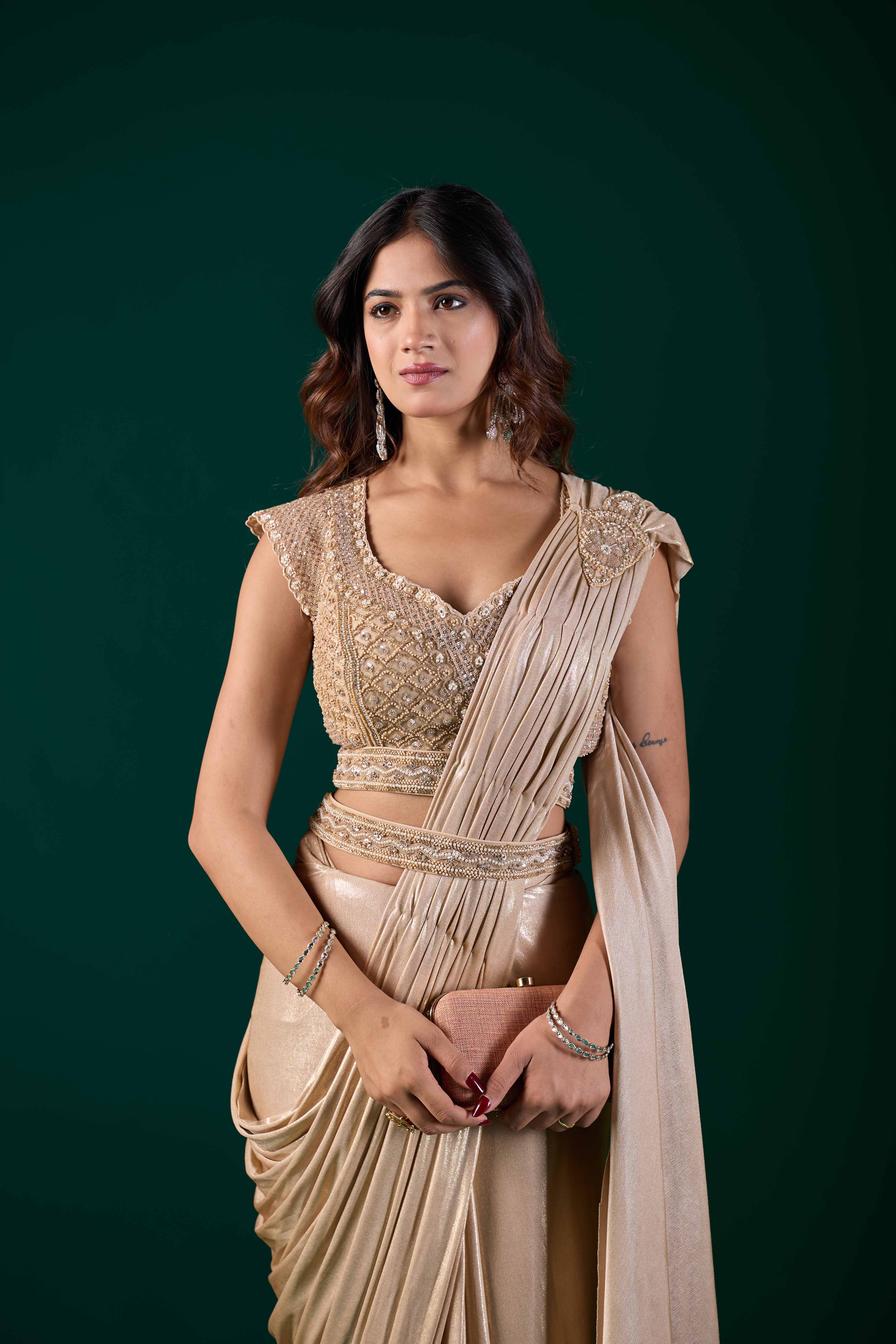 Beige Gold Ready-to-Wear Saree with Embellished Blouse | Pre-Draped Party Wear