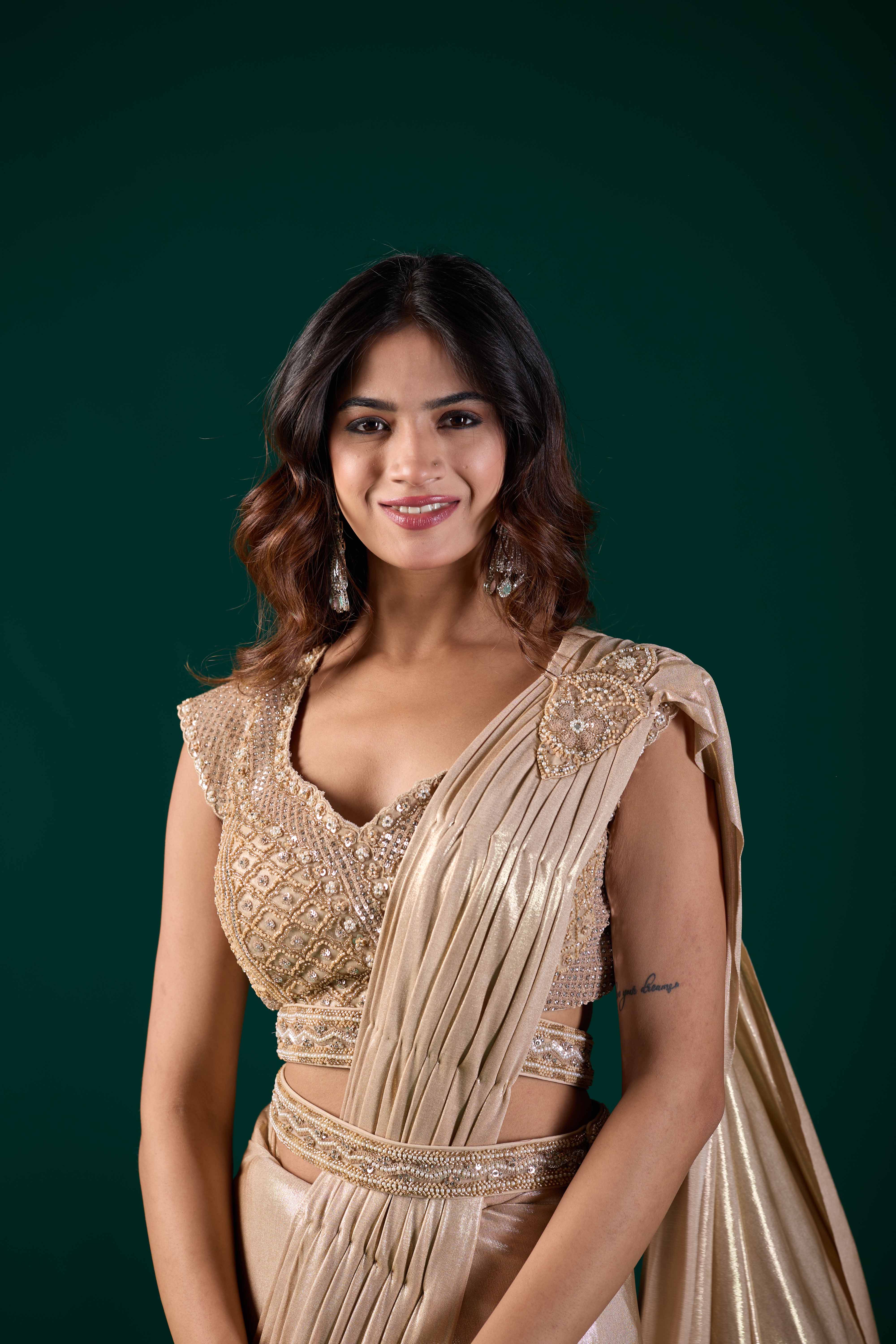 Beige Gold Ready-to-Wear Saree with Embellished Blouse | Pre-Draped Party Wear