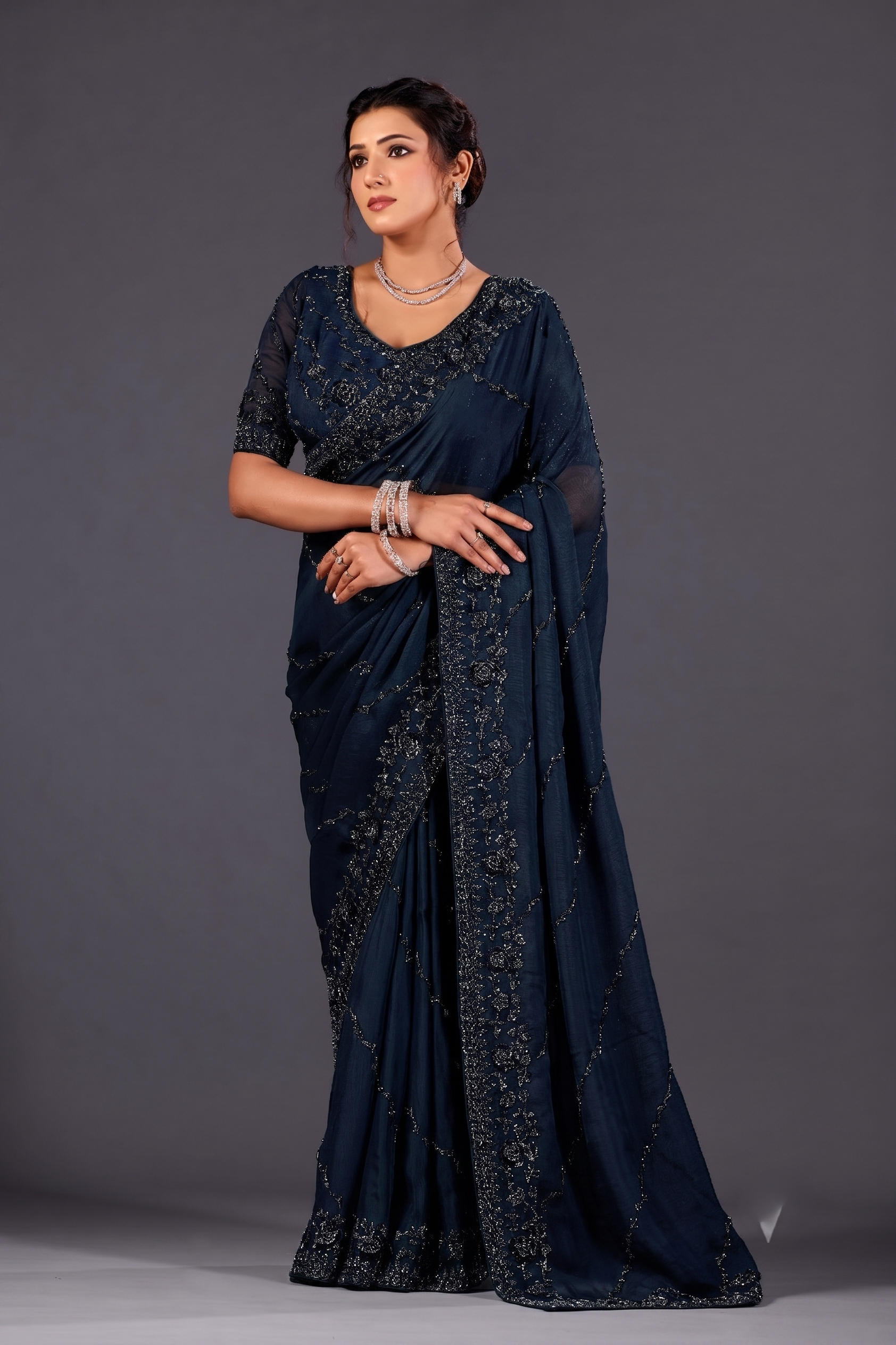 Premium Navy Blue Organza Saree for Party & Festive Wear