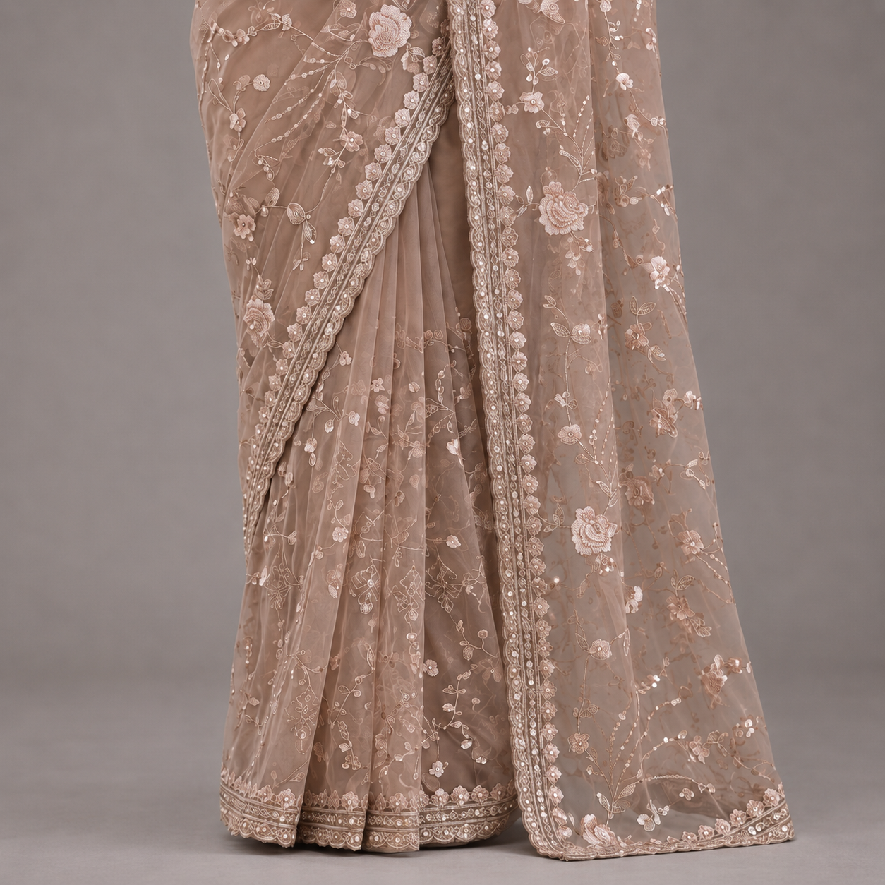 Beige Embroidered Net Saree with Floral Sequin Work and Designer Border