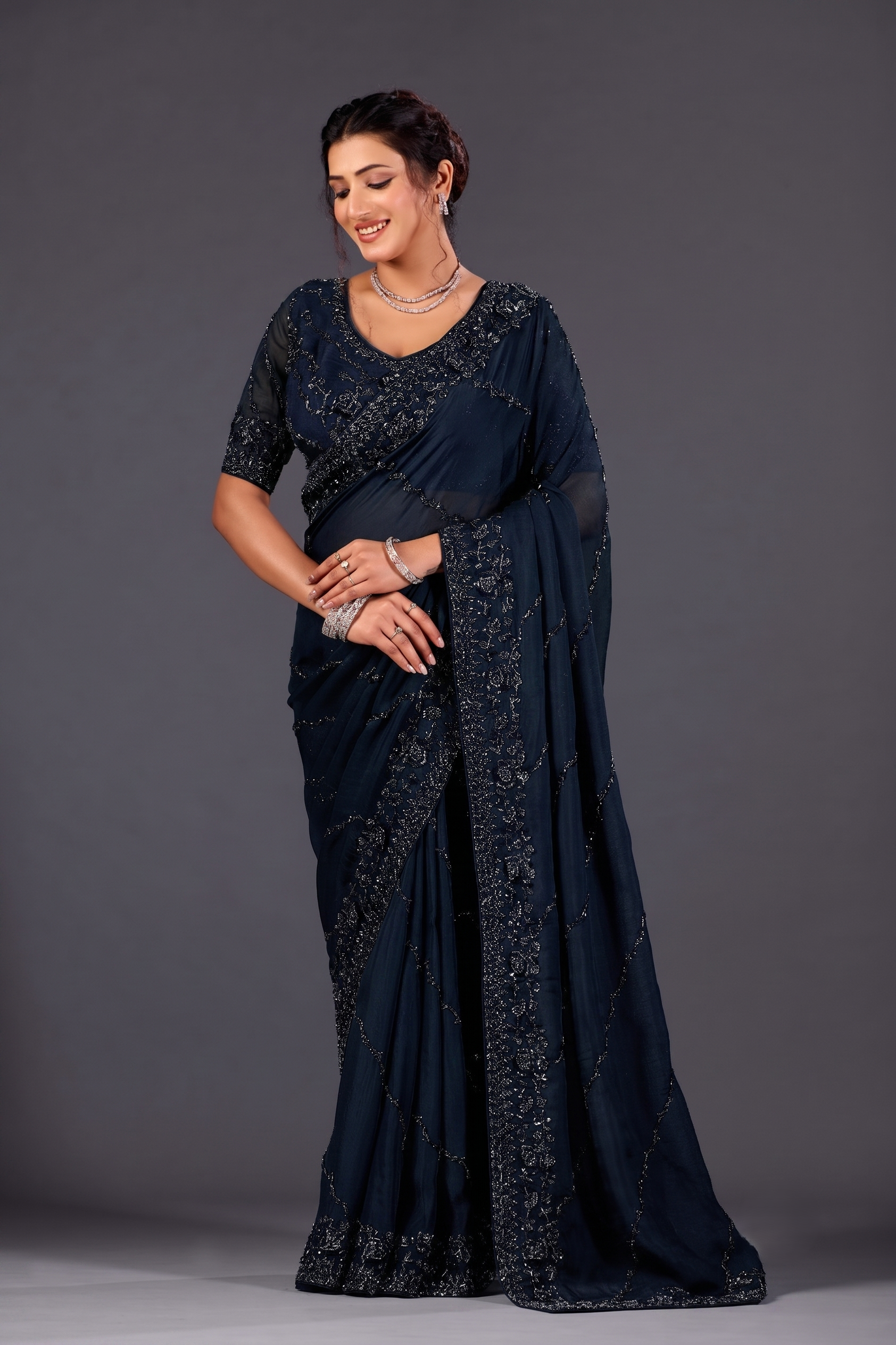 Premium Navy Blue Organza Saree for Party & Festive Wear