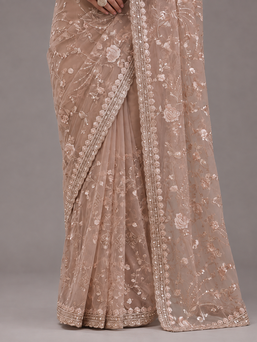 Beige Embroidered Net Saree with Floral Sequin Work and Designer Border