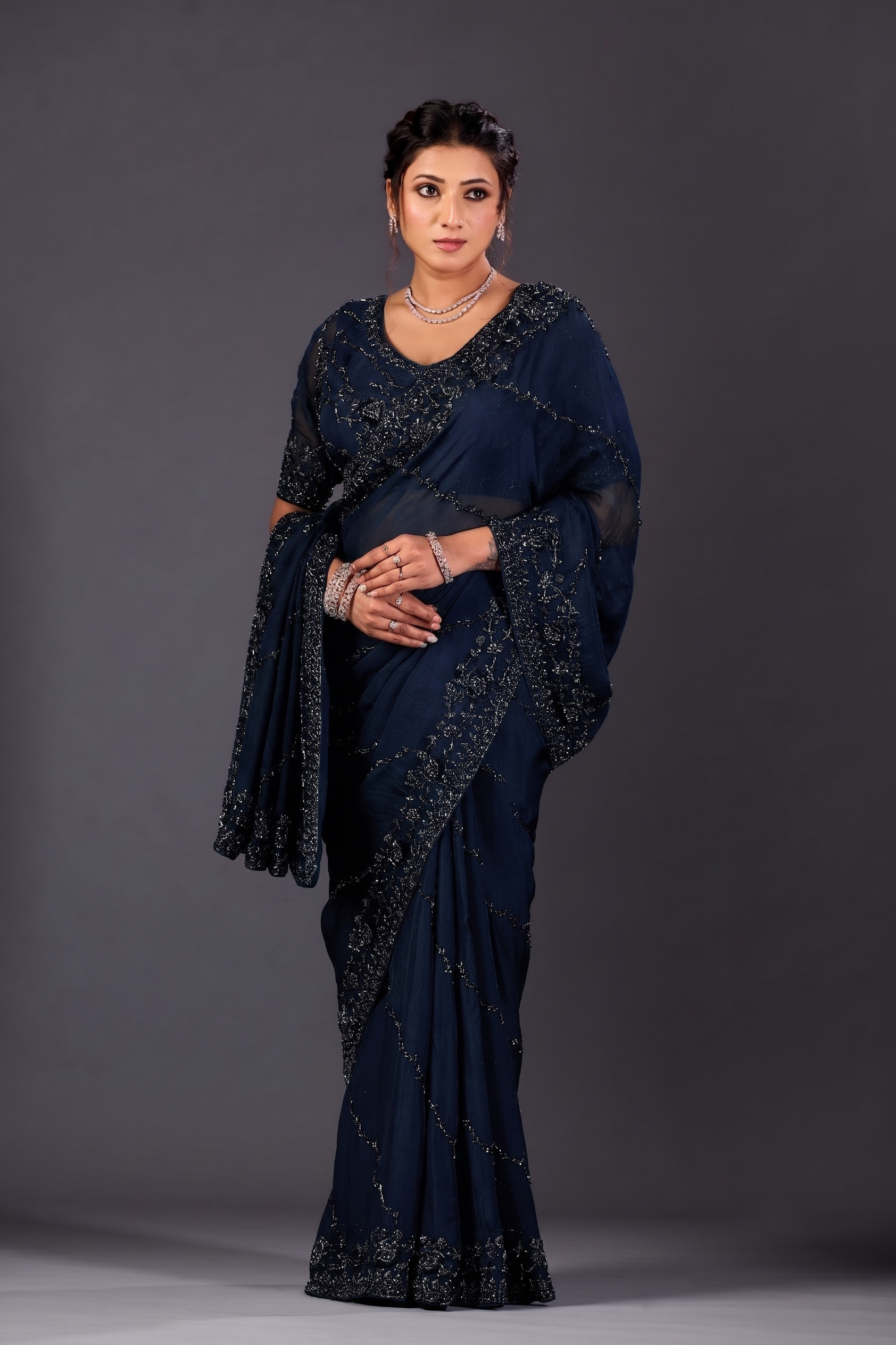 Premium Navy Blue Organza Saree for Party & Festive Wear