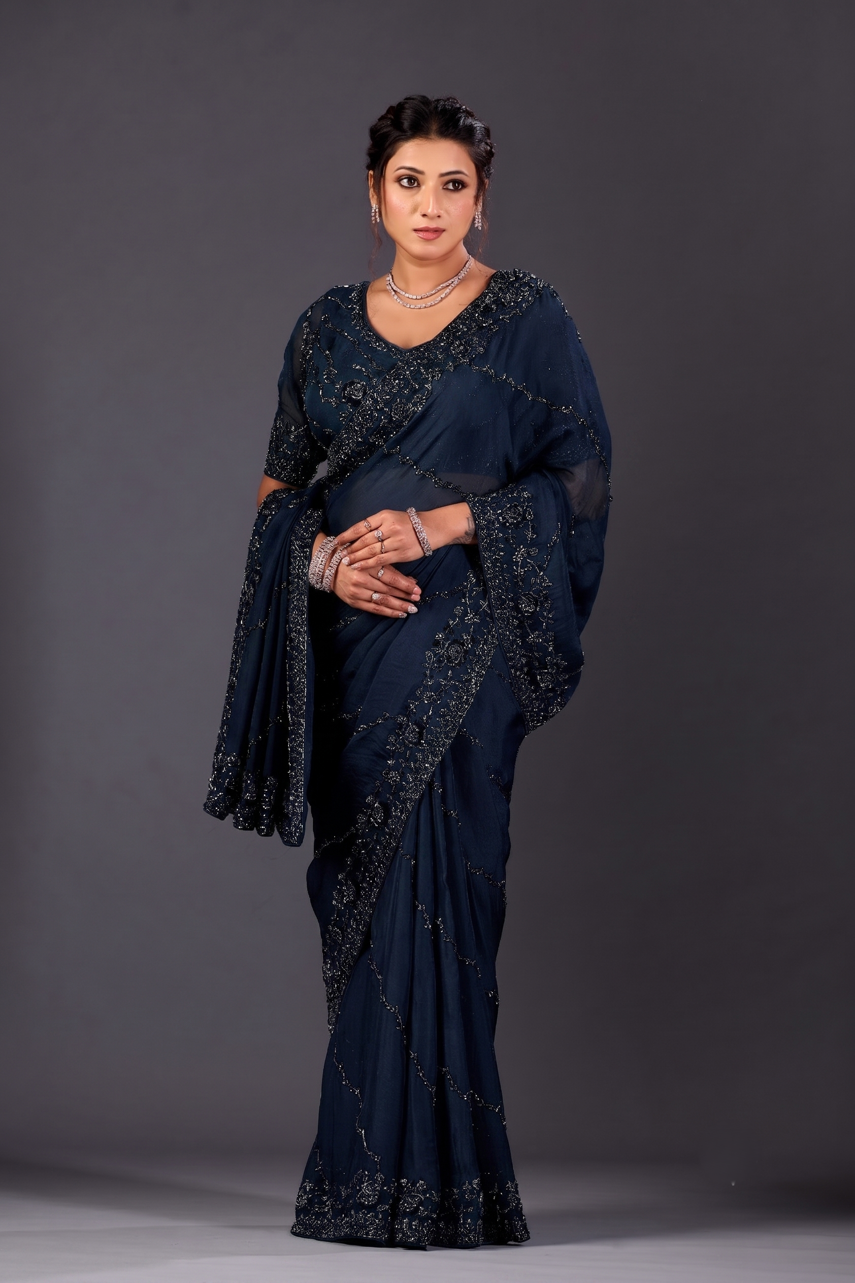 Premium Navy Blue Organza Saree for Party & Festive Wear