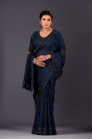 Premium Navy Blue Organza Saree for Party & Festive Wear