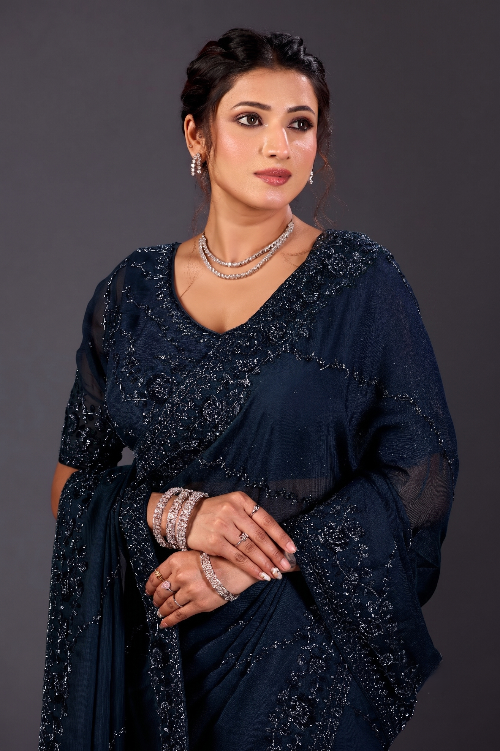 Premium Navy Blue Organza Saree for Party & Festive Wear