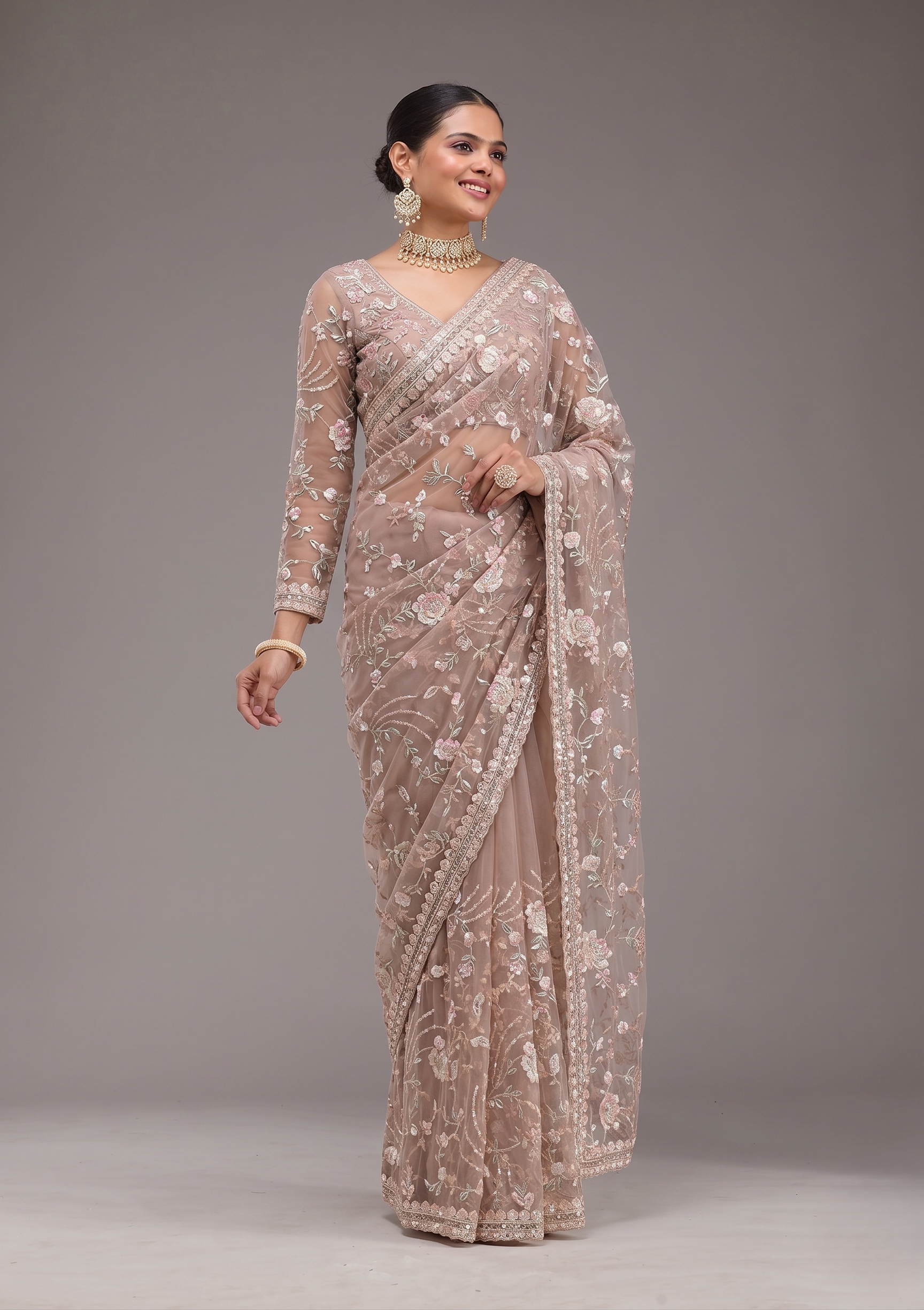 Beige Embroidered Net Saree with Floral Sequin Work and Designer Border