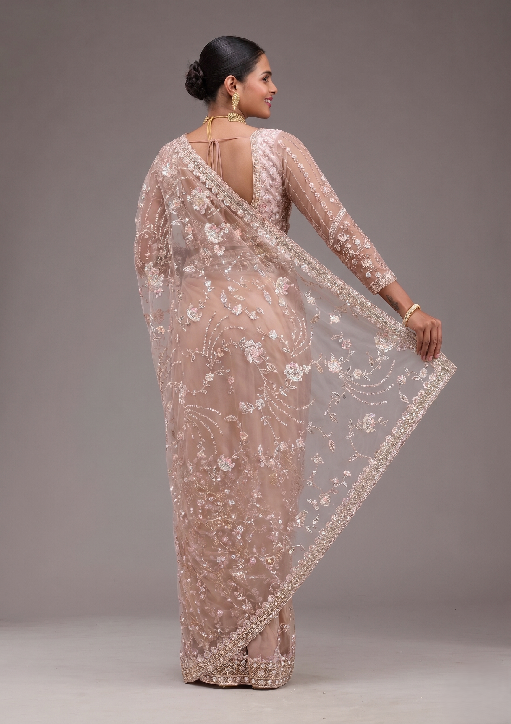 Beige Embroidered Net Saree with Floral Sequin Work and Designer Border