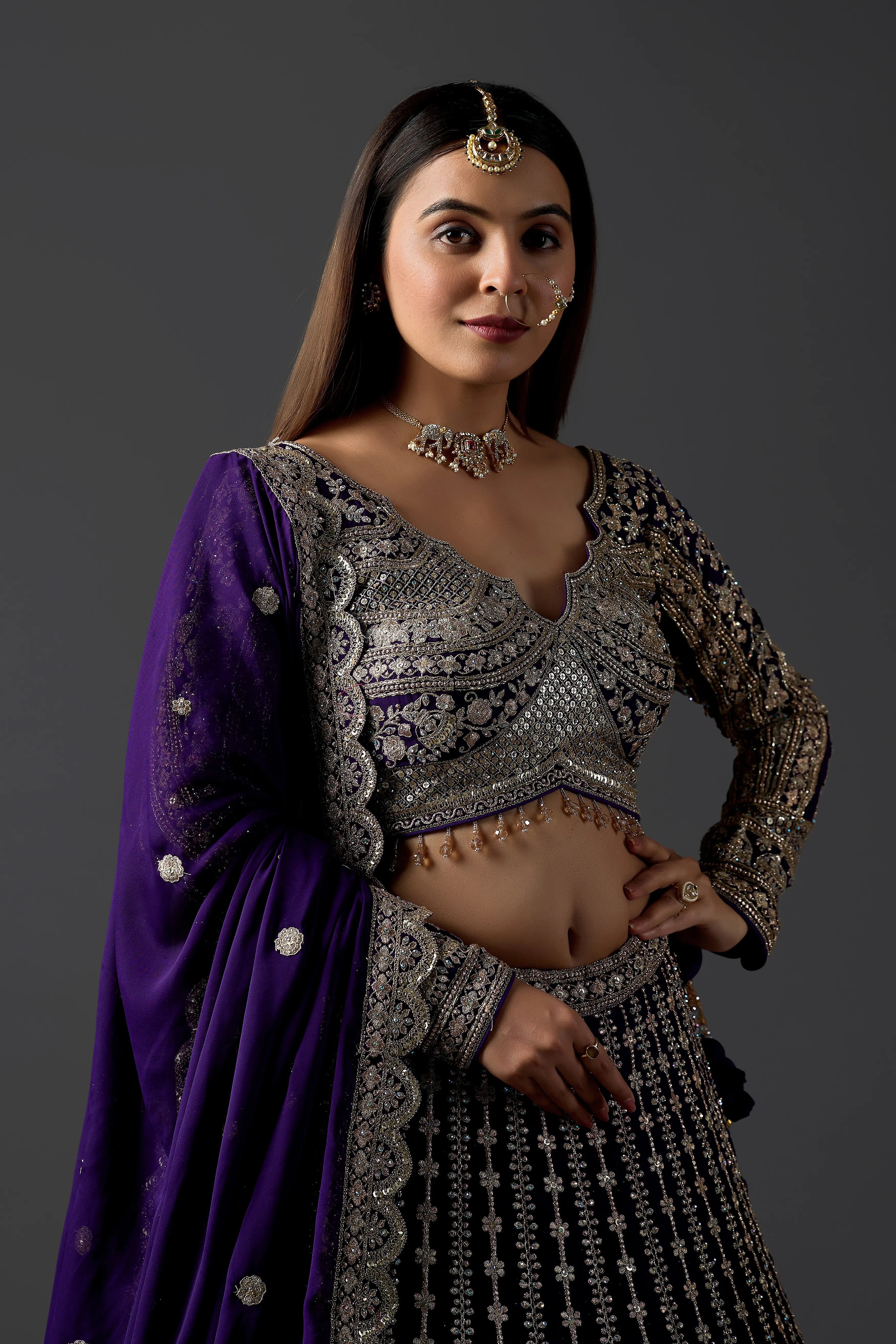 Deep Purple Georgette Lehenga With Designer Embellished Blouse & Coordinated Dupatta