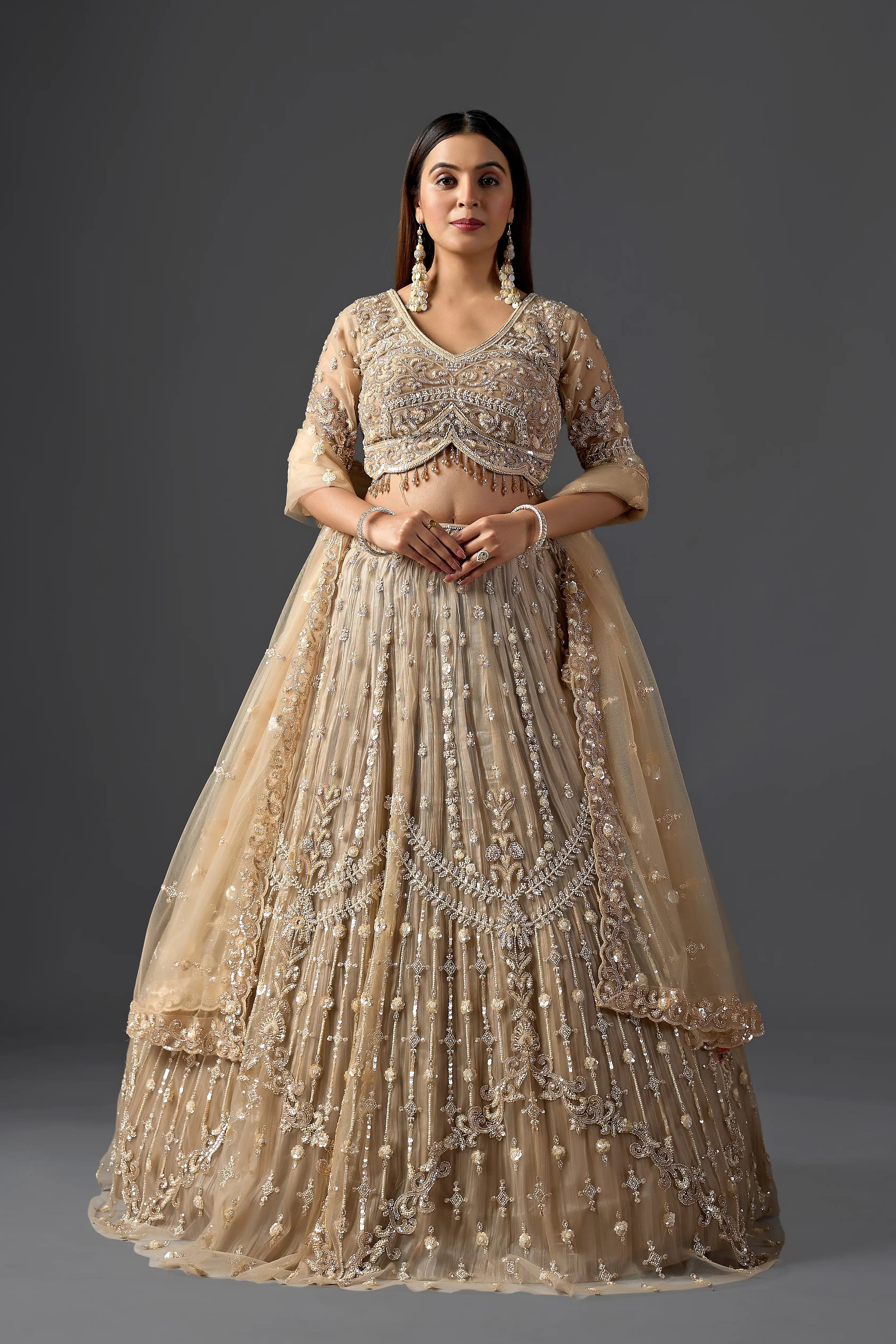 Gold Net Tassel Embroidered Lehenga Set with Heavy Blouse | Reception & Wedding Wear