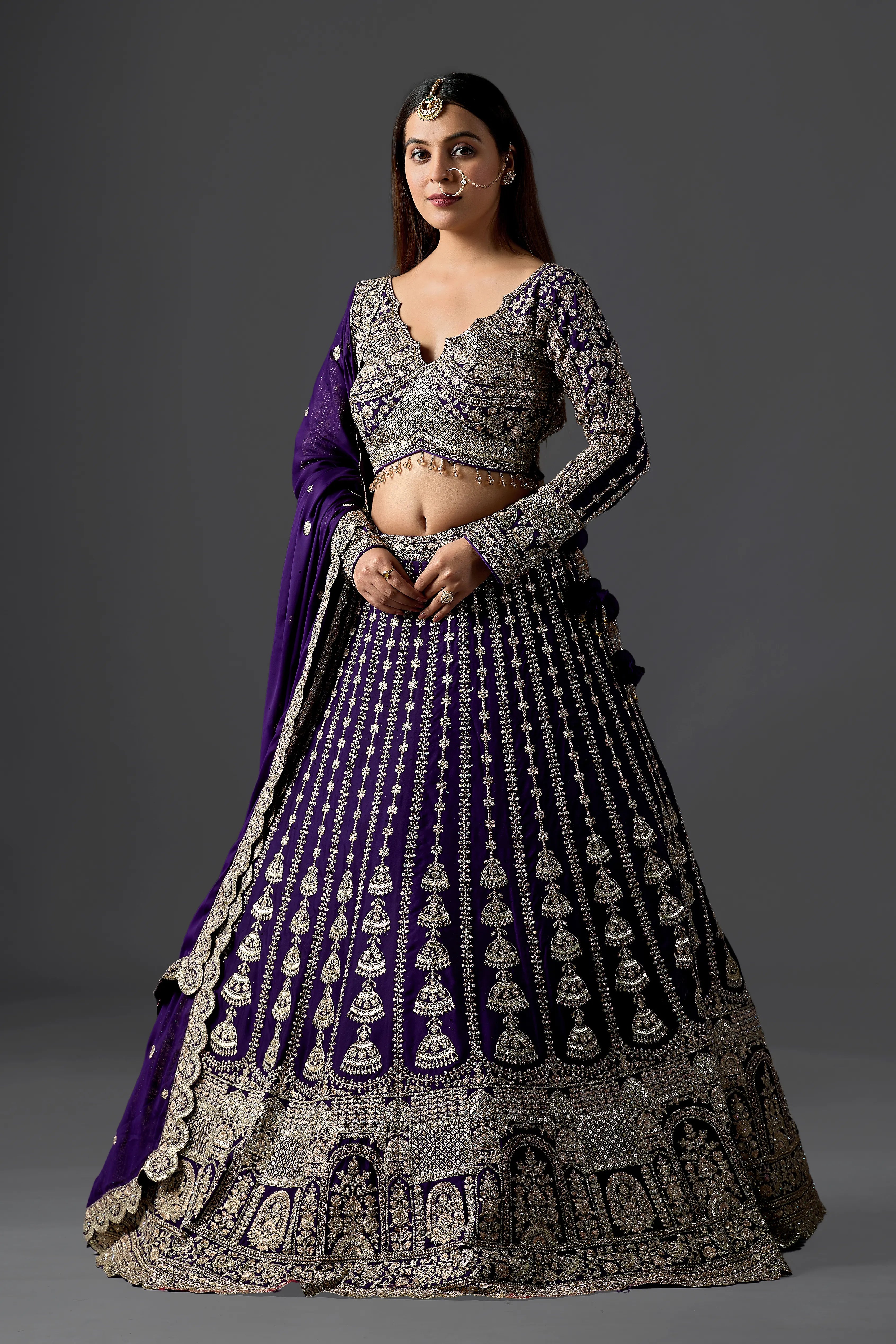 Deep Purple Georgette Lehenga With Designer Embellished Blouse & Coordinated Dupatta