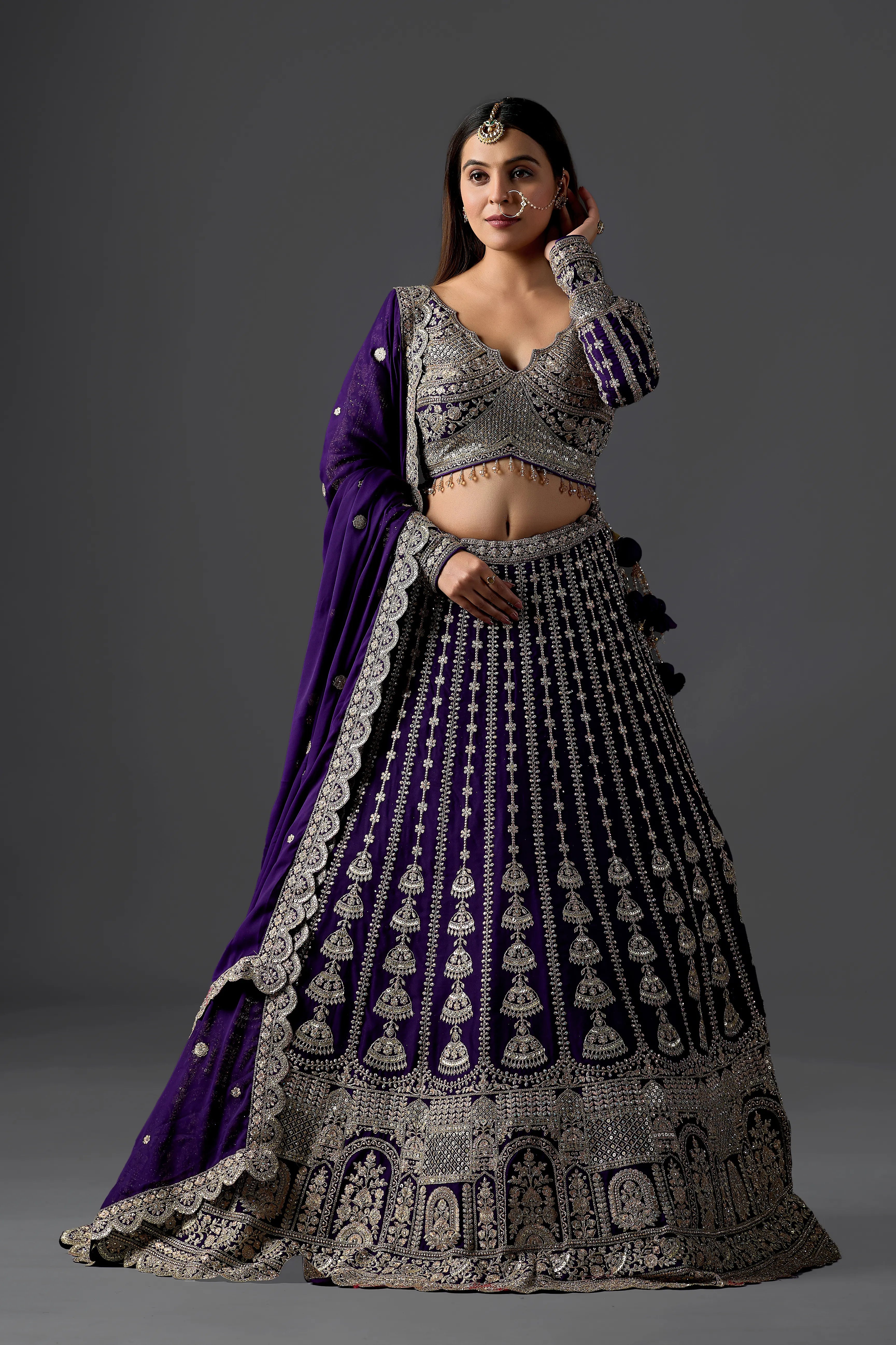 Deep Purple Georgette Lehenga With Designer Embellished Blouse & Coordinated Dupatta