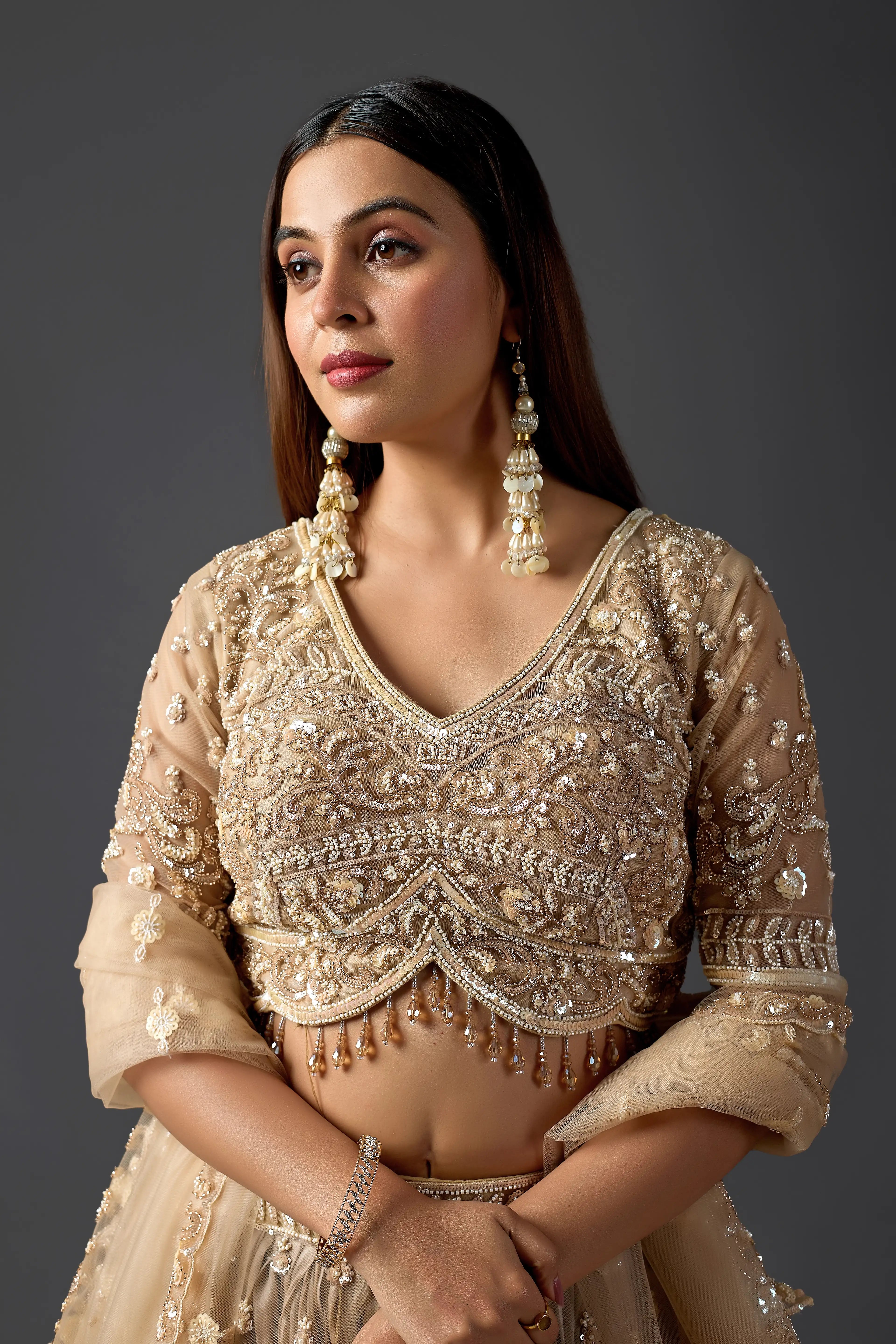 Gold Net Tassel Embroidered Lehenga Set with Heavy Blouse | Reception & Wedding Wear