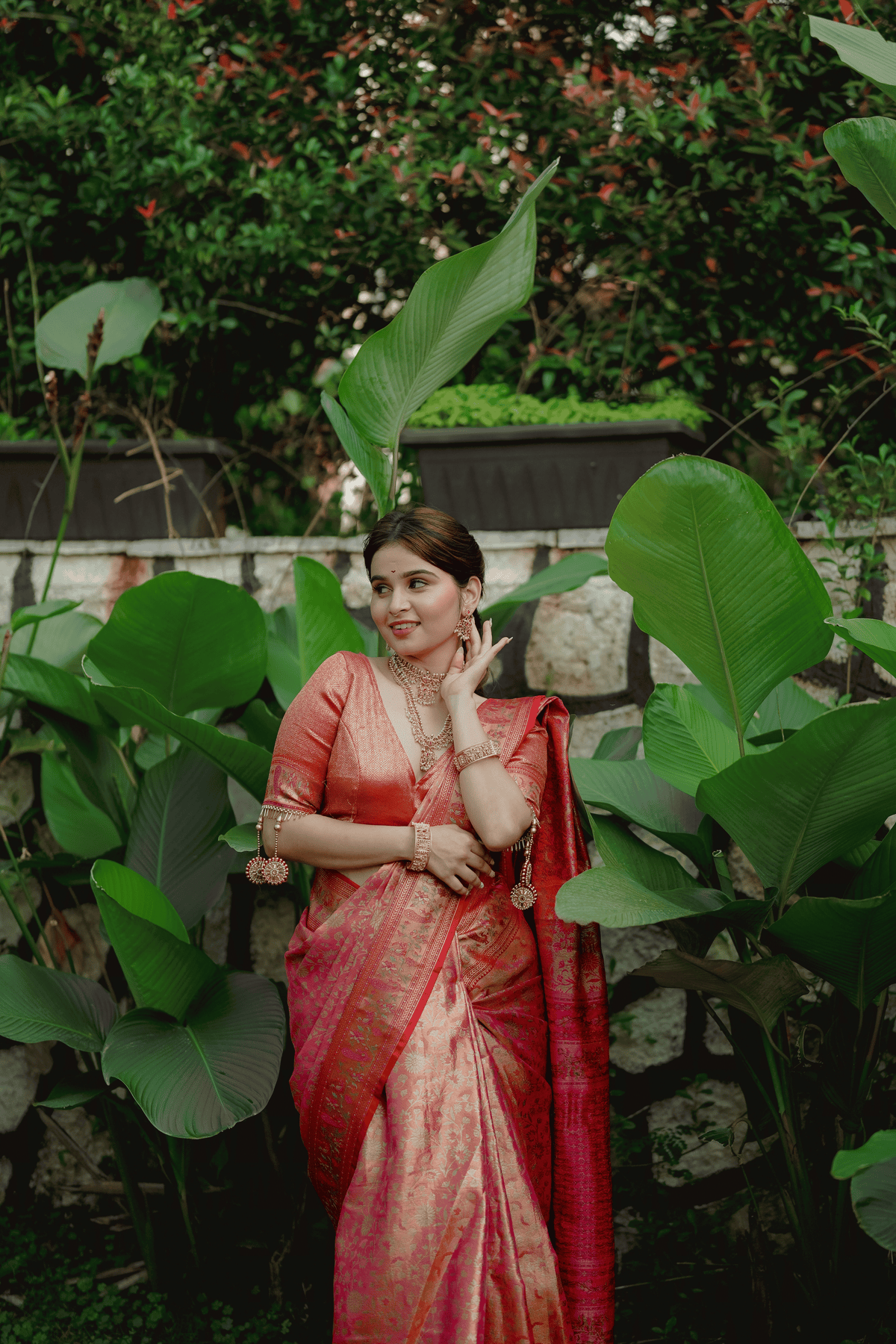 Pink and Red Kanjivaram Silk Saree with Zari Border