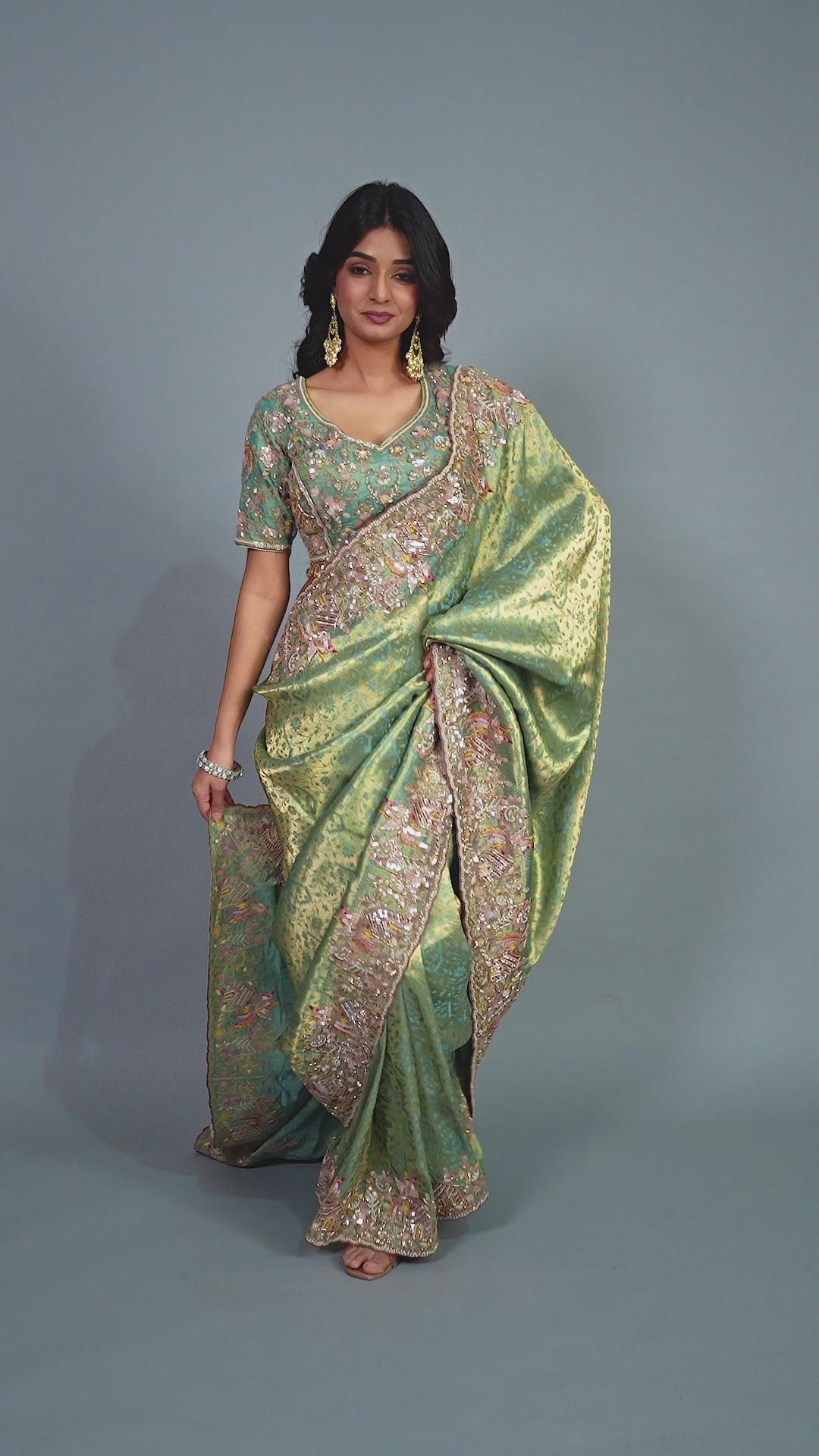 Sea Green Saree with Intricate Floral Embroidery & Embellished Border