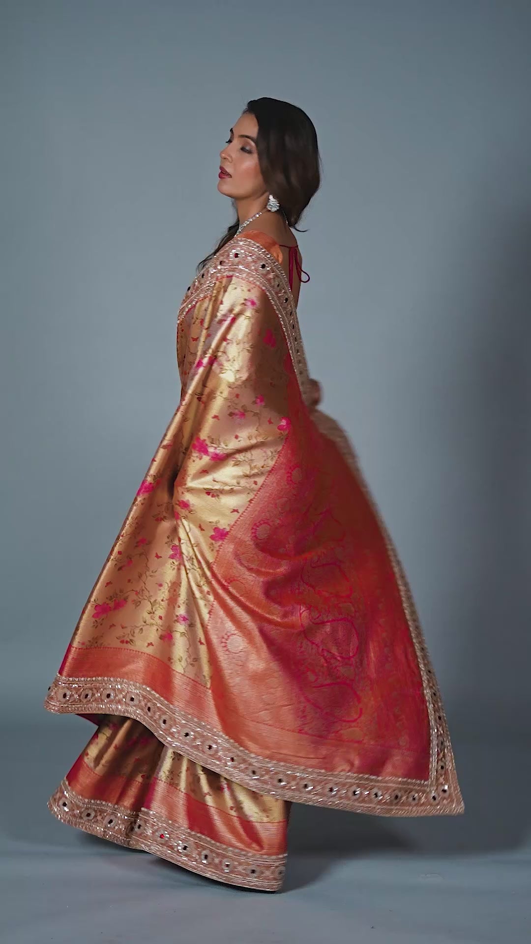 Gold Jacquard Saree With Rani Pink Floral Weaving & Intricate Embellished Border