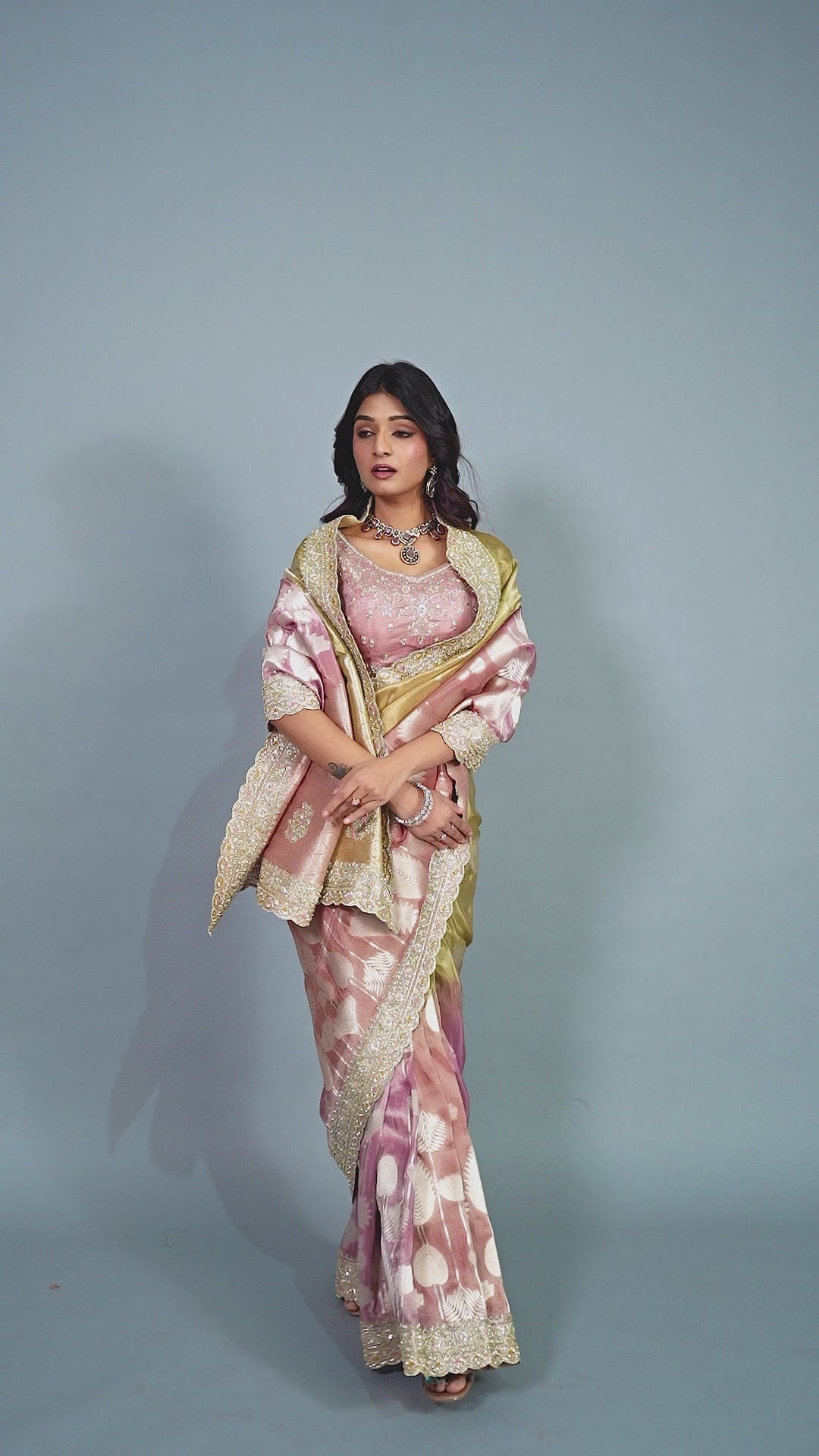 Gold & Dusty Pink Silk Saree with Heavy Zardozi Border