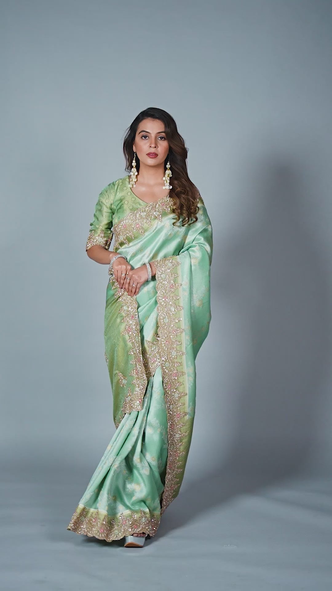 Mint Green Tissue Saree With Intricate Cutdana Scalloped Border