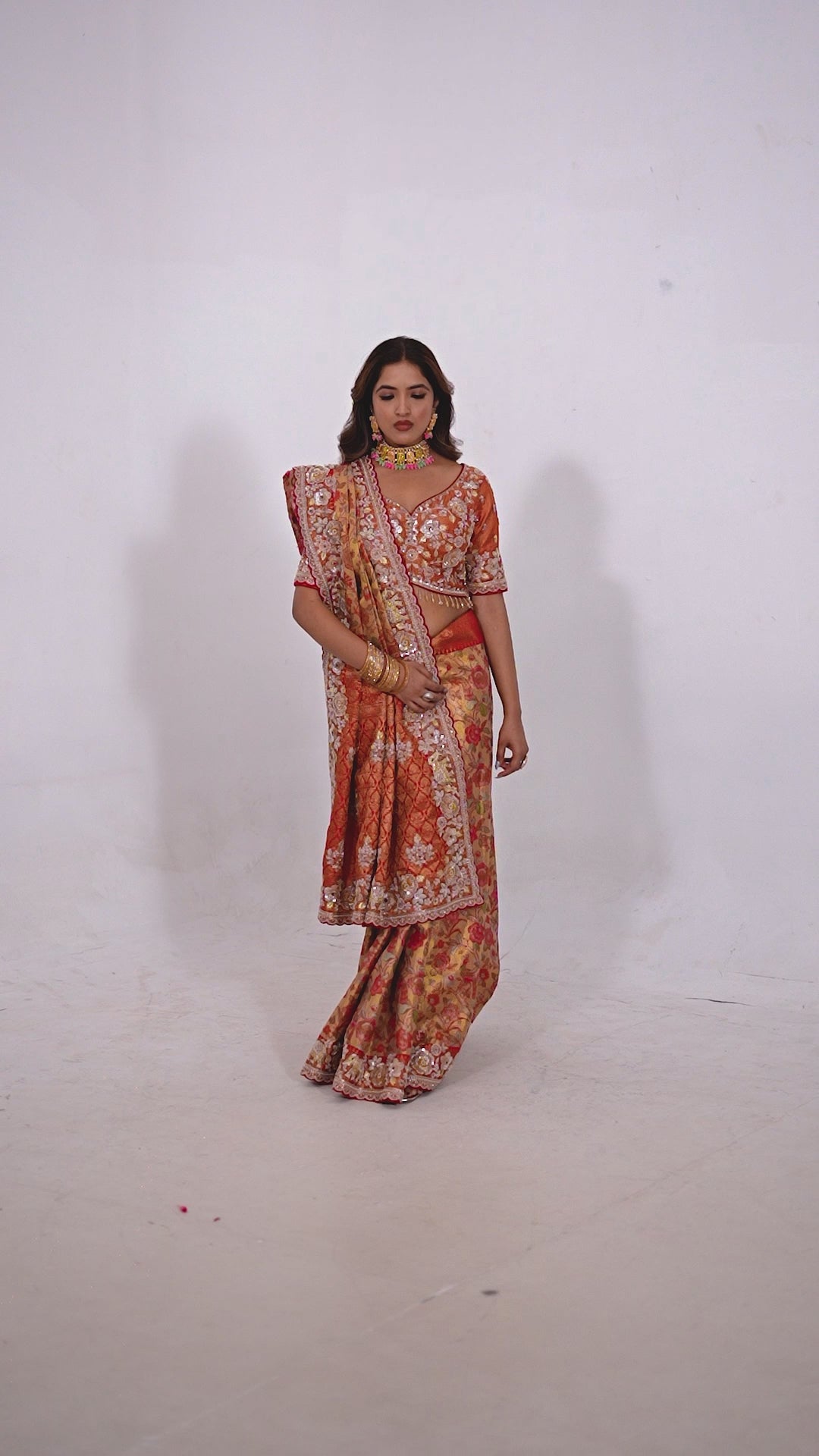 Red–Mustard Kanjivaram Silk Saree with Heavy Zari Border, Sequin & Cutdana Work