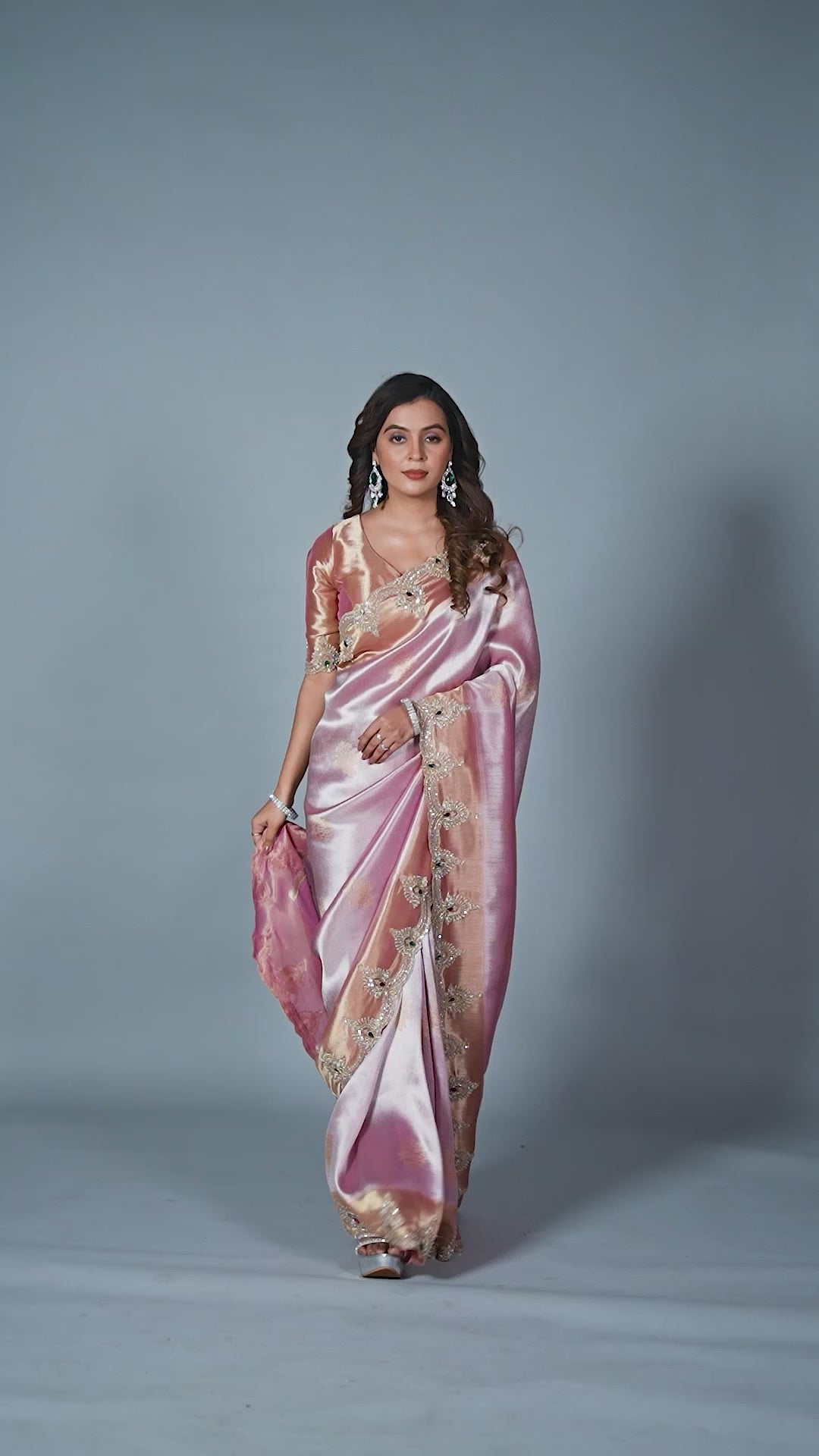 Baby Pink Tissue Silk Saree with Handcrafted Pearl & Sequin Embroidery