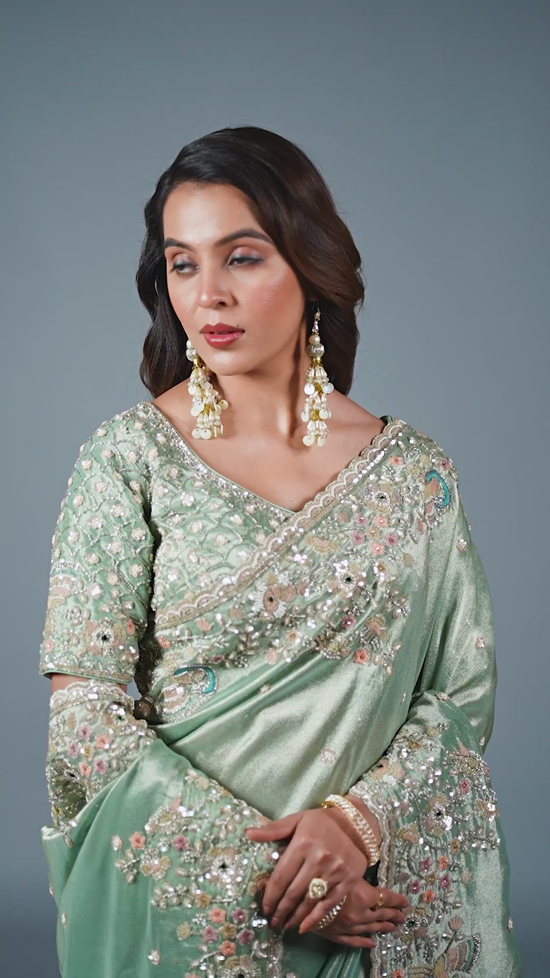 Mint Green Tissue Silk Saree With Heavy Handwork Border