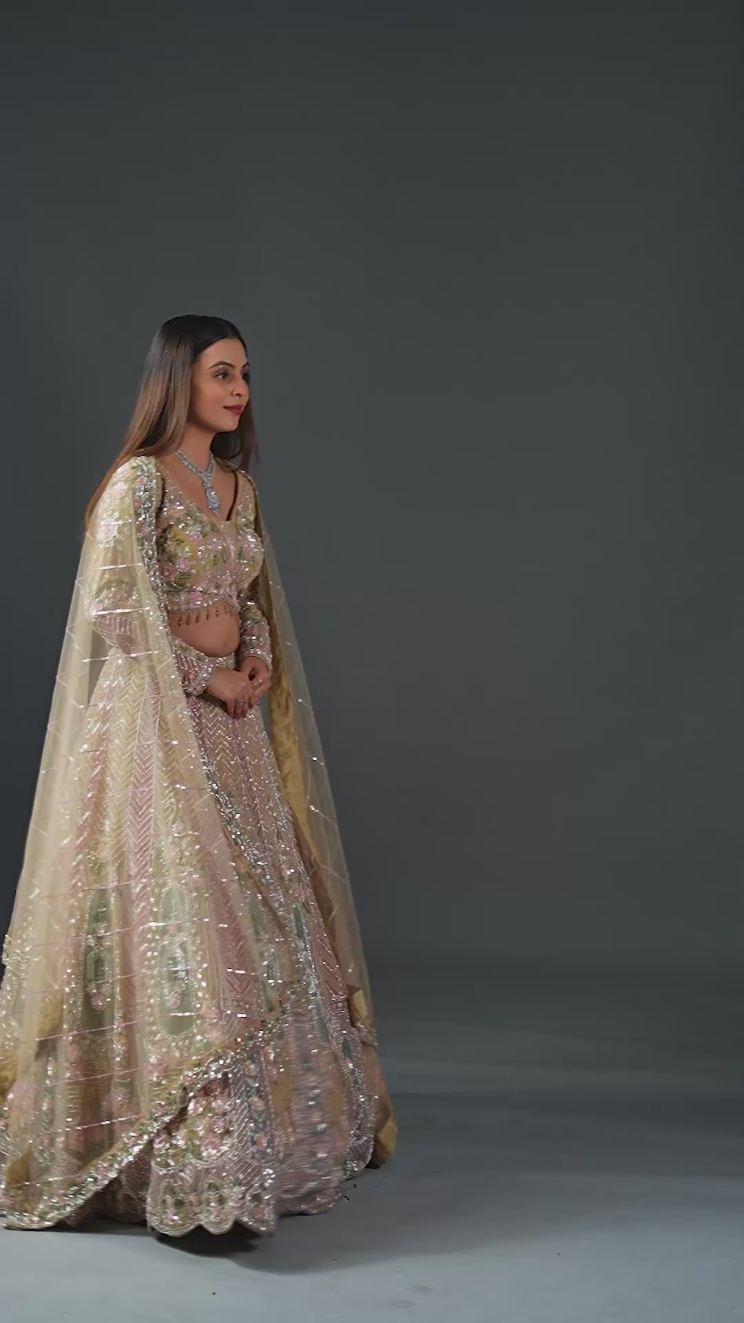 Blush Gold Net Hand-Embroidered Bridal Lehenga Set with Heavy Work Blouse & Dupatta