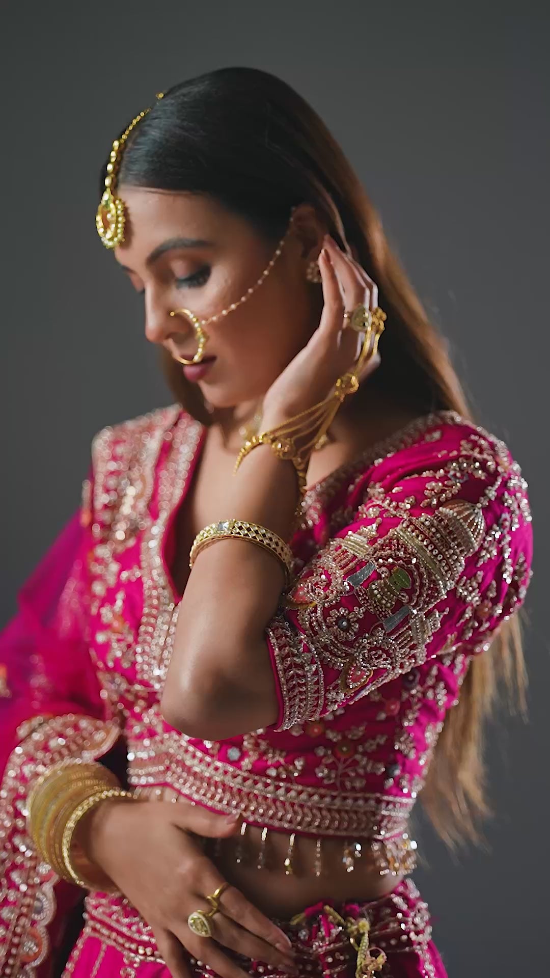 Magenta Pink Raw Silk Dori Embroidered Bridal Lehenga with Curve V Neck Blouse