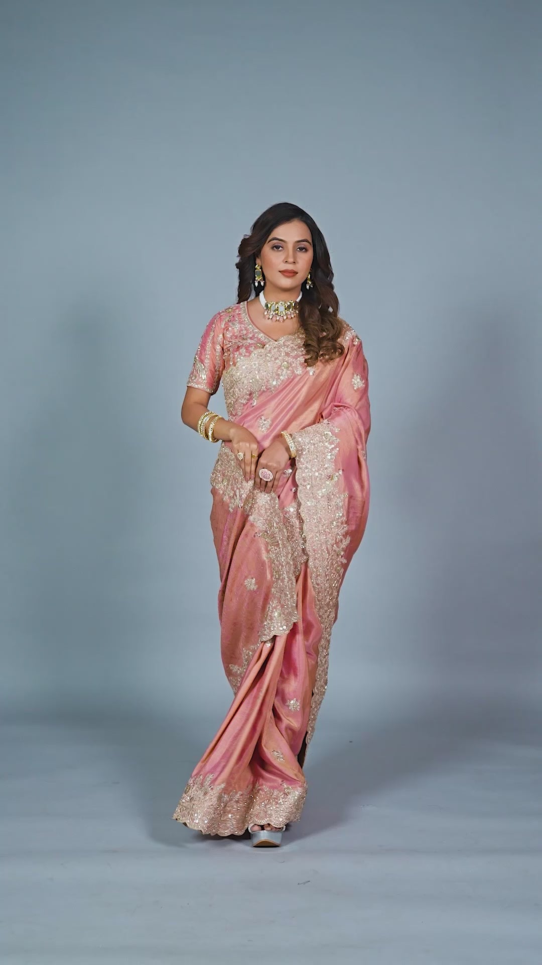 Dusty Rose Tissue Saree With Intricate Cutdana Border