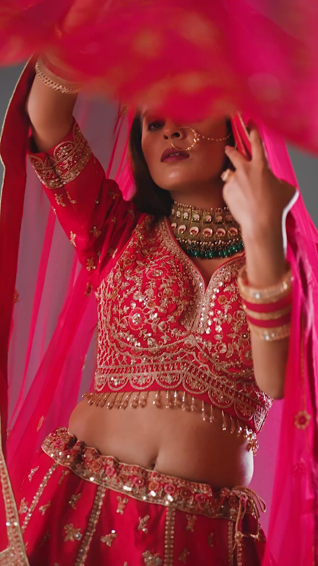 Red Silk Bridal Lehenga Set with Two  Dupatta