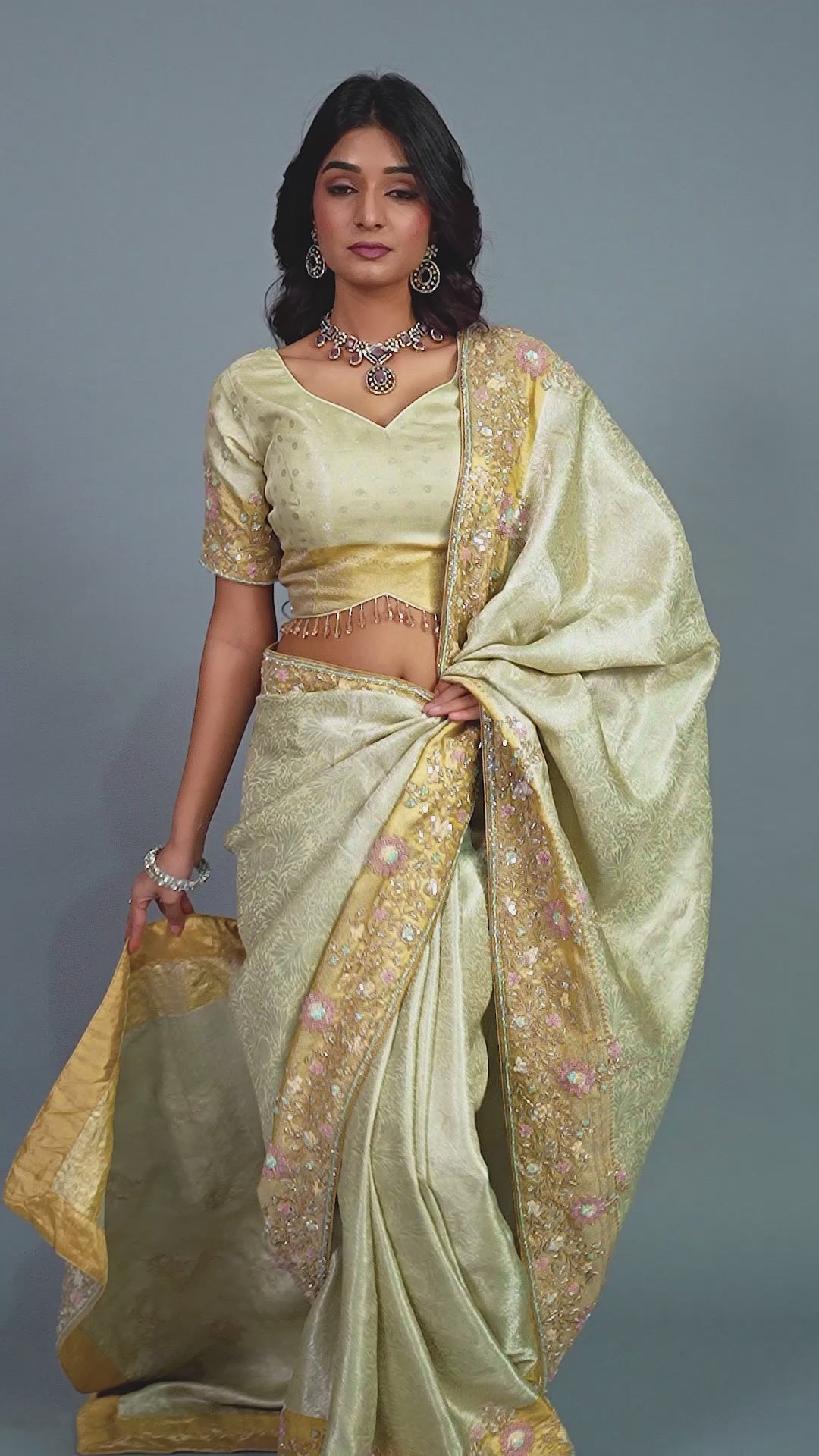Elegant Vanilla Cream Tissue Silk Saree with Embellished Floral Border