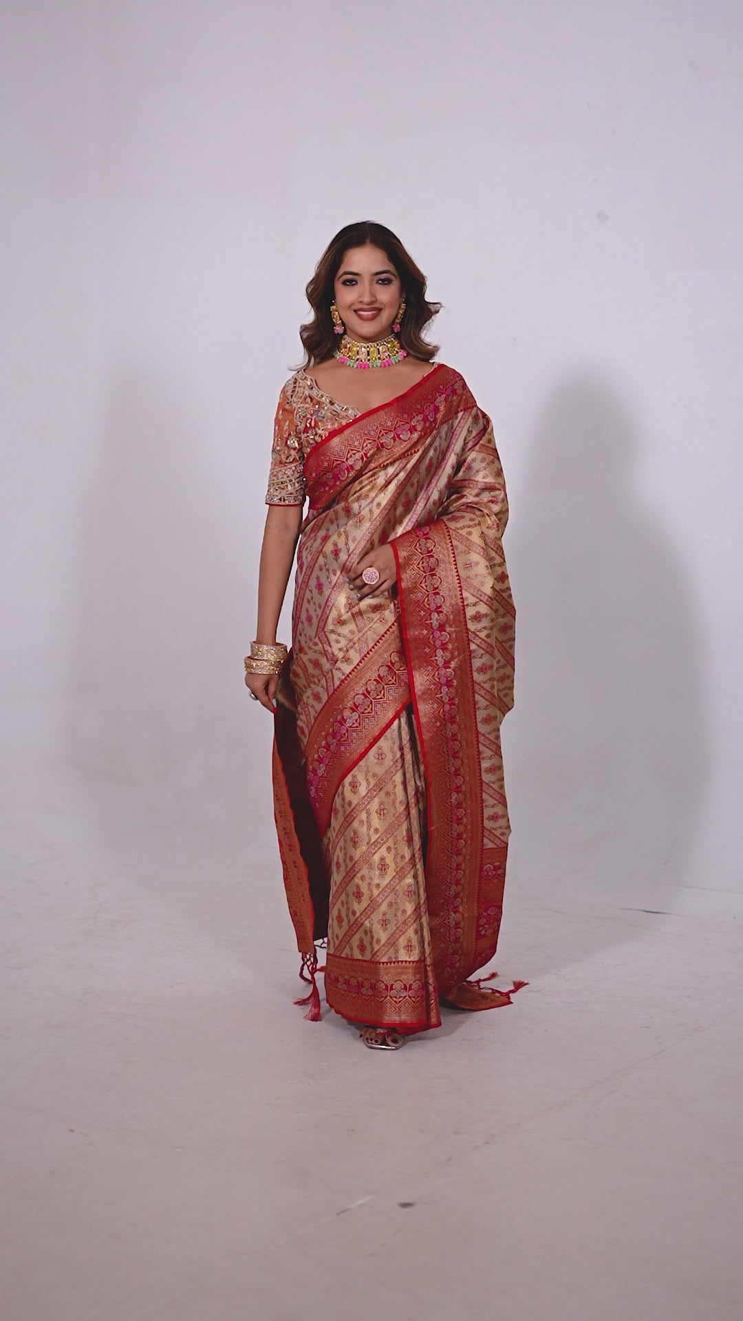 Red & Gold Banarasi Style Silk Saree with Heavy Stitched Blouse