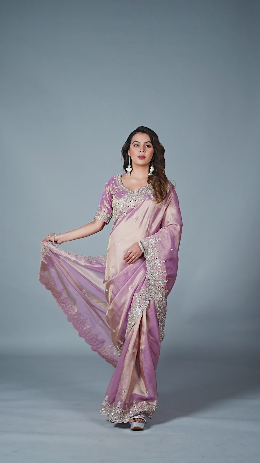 Dusty Mauve Tissue Saree With Intricate Pearl Work & Designer